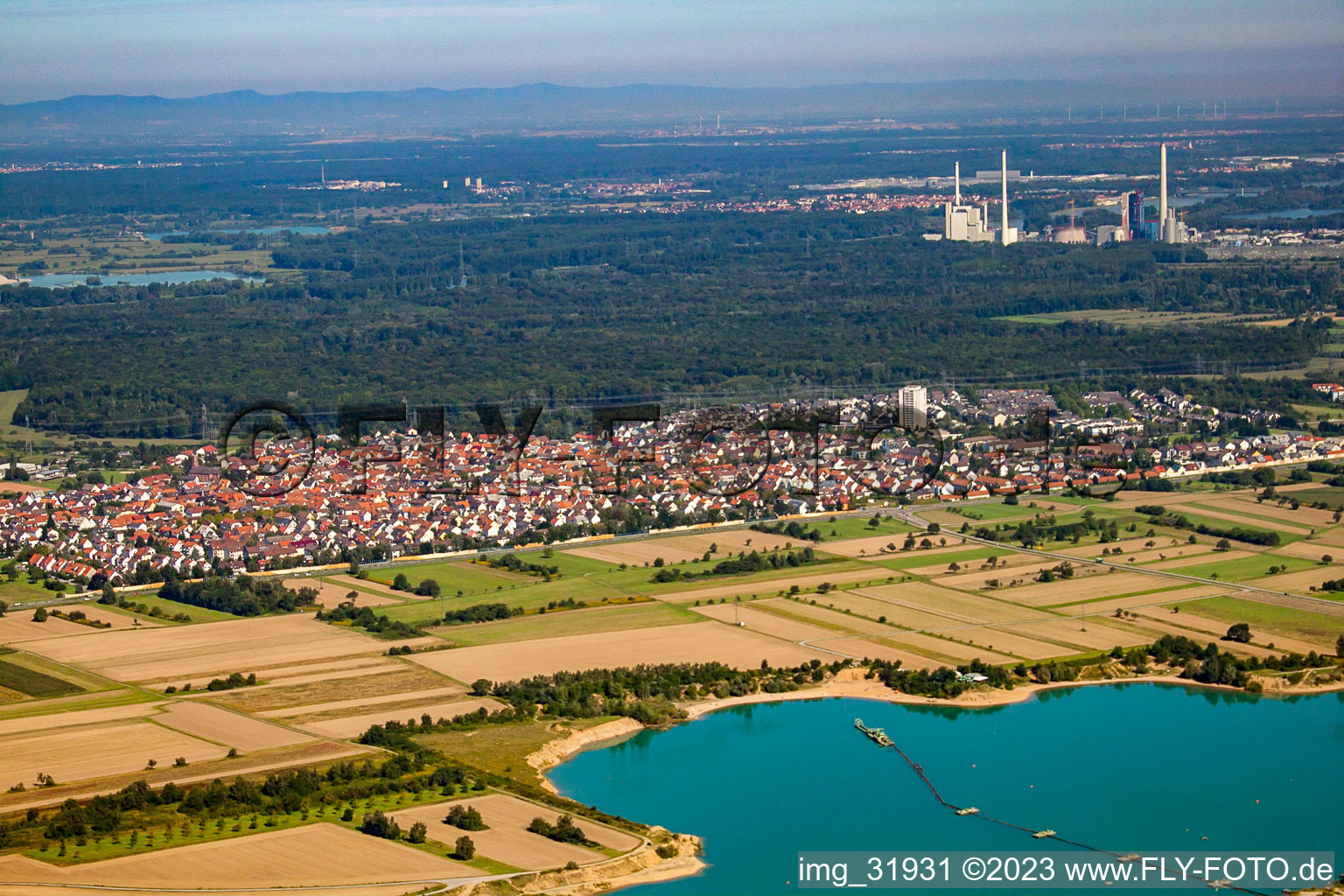 Aerial view of From the southeast in the district Mörsch in Rheinstetten in the state Baden-Wuerttemberg, Germany