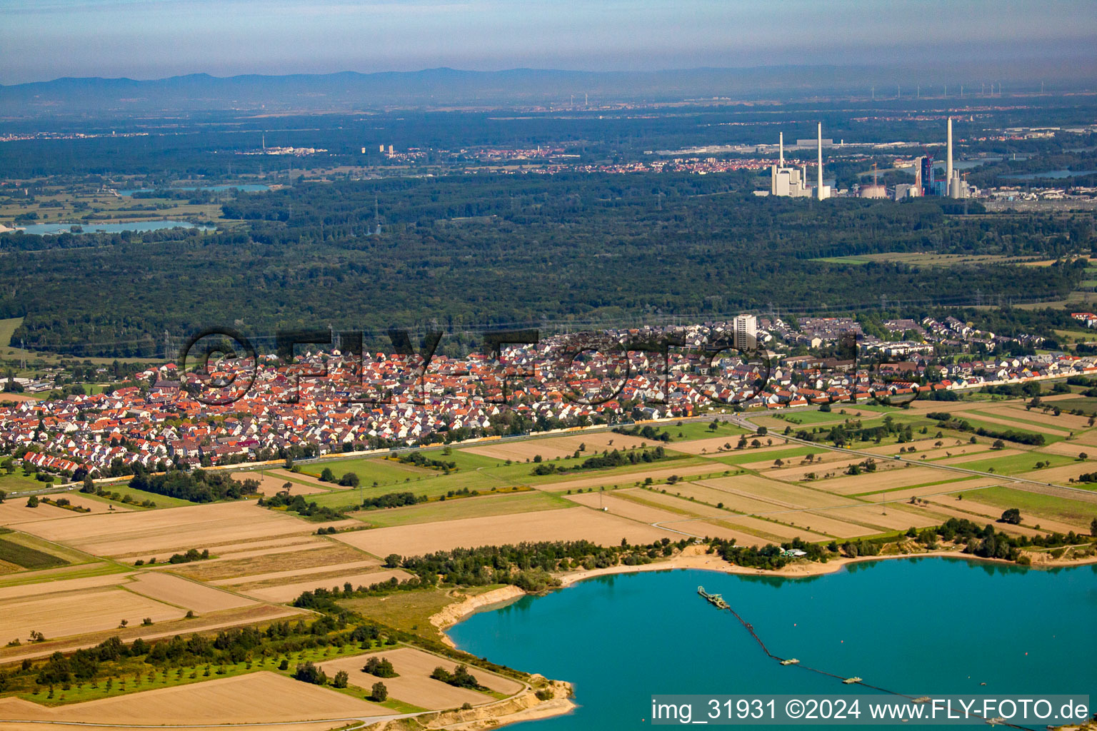 Aerial view of From the southeast in the district Mörsch in Rheinstetten in the state Baden-Wuerttemberg, Germany