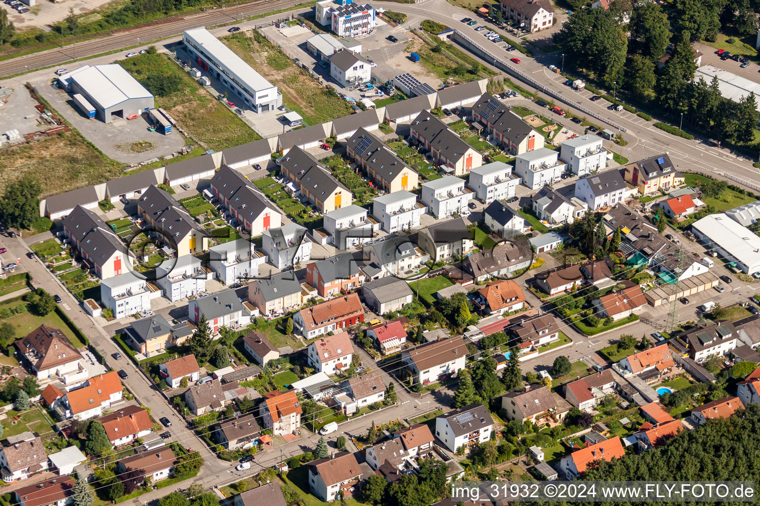 Single-family residential area of settlement Douglasienweg in the district Silberstreifen in Rheinstetten in the state Baden-Wurttemberg, Germany