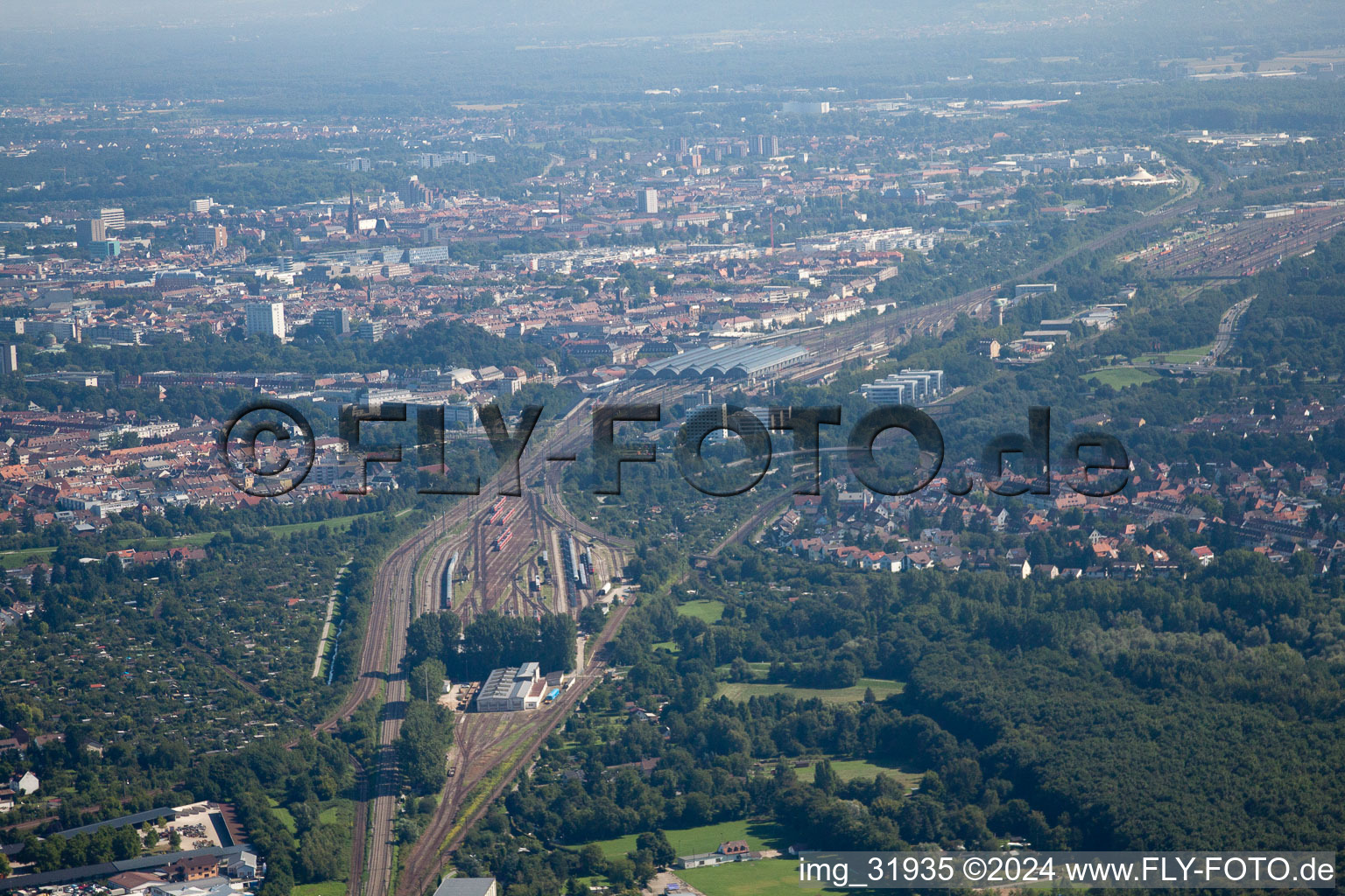 Aerial view of Track progress and building of the main station of the railway in Karlsruhe in the state Baden-Wurttemberg