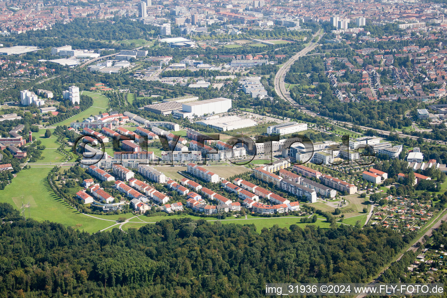 Drone recording of District Oberreut in Karlsruhe in the state Baden-Wuerttemberg, Germany