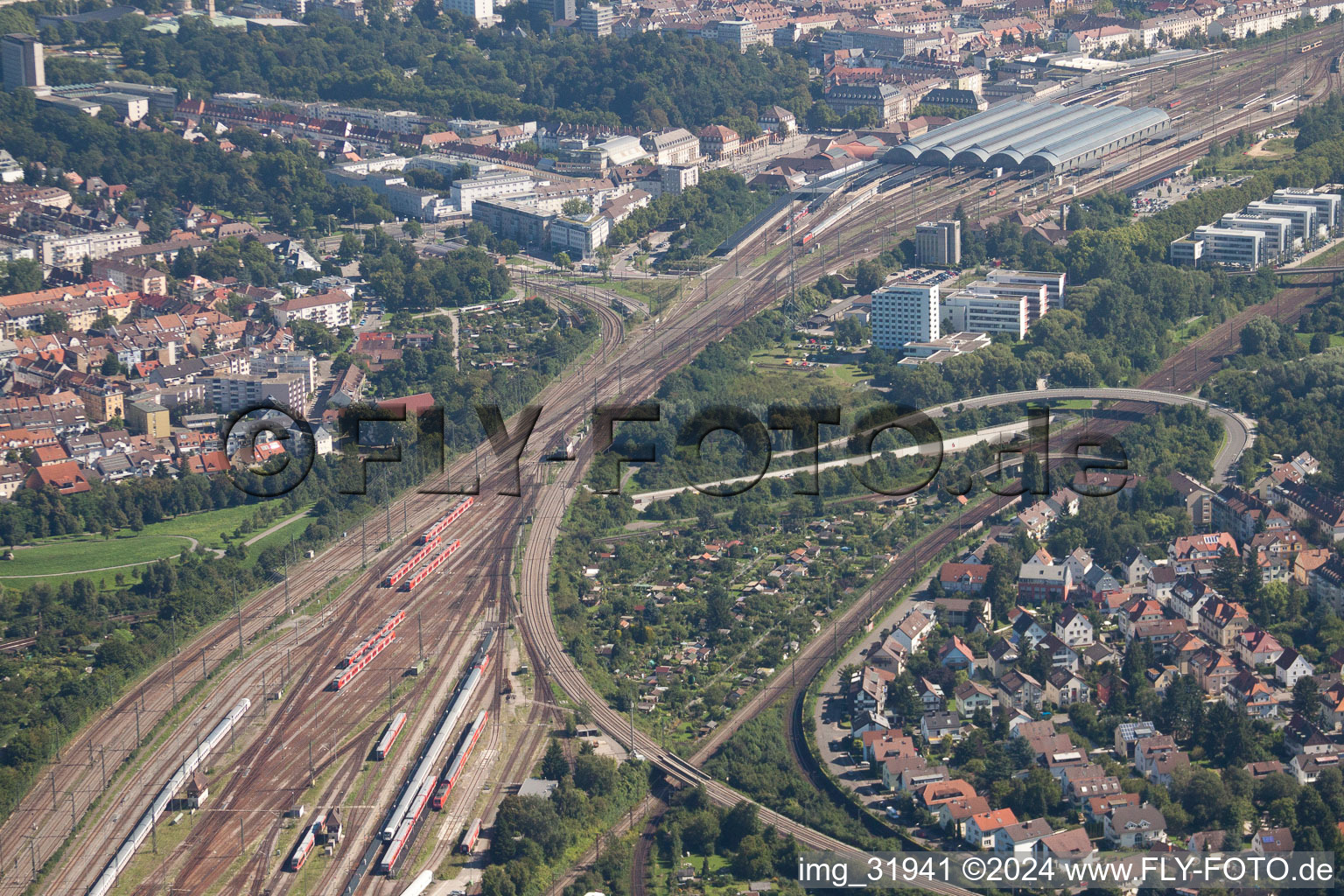 Aerial photograpy of Track progress and building of the main station of the railway in Karlsruhe in the state Baden-Wurttemberg