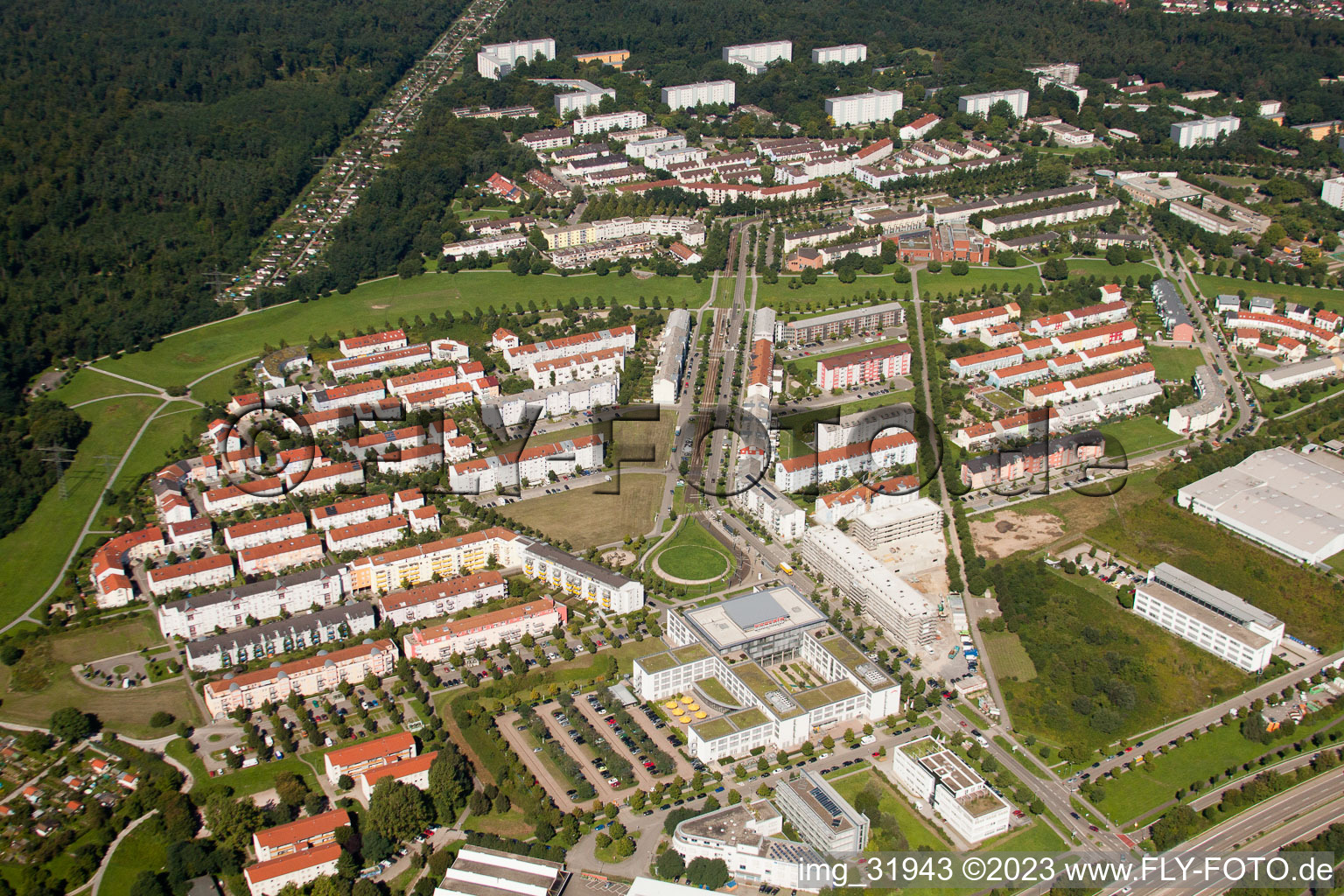From the east in the district Oberreut in Karlsruhe in the state Baden-Wuerttemberg, Germany
