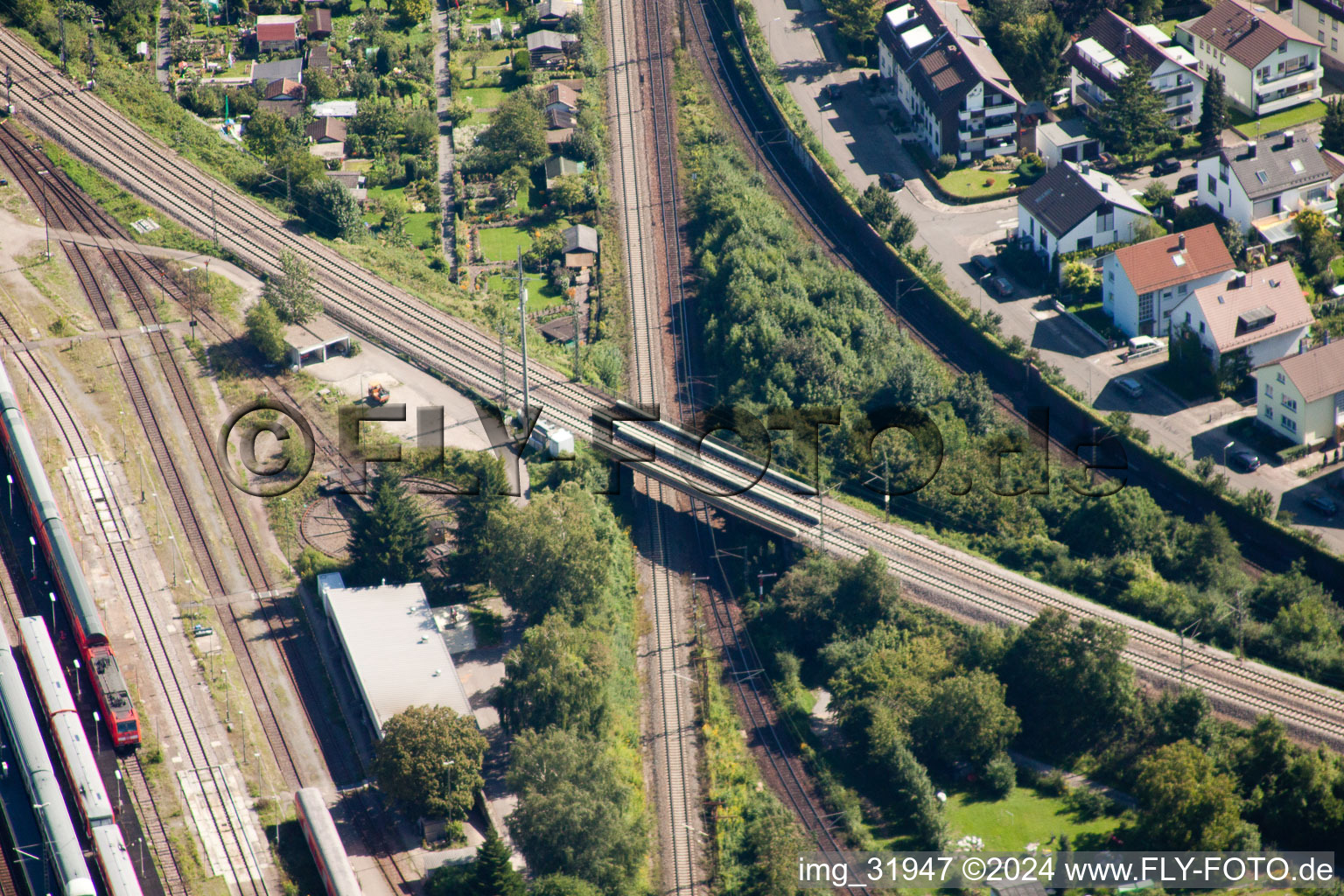 Aerial view of Routing the railway junction of rail and track systems Deutsche Bahn in Karlsruhe in the state Baden-Wurttemberg