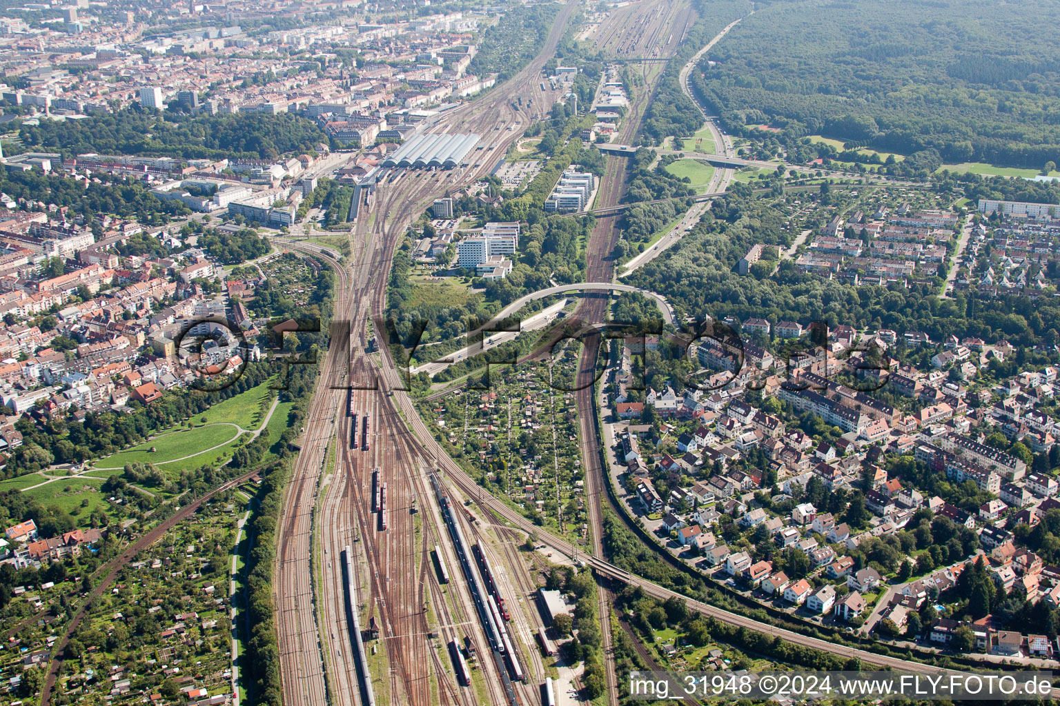 Oblique view of Track progress and building of the main station of the railway in Karlsruhe in the state Baden-Wurttemberg