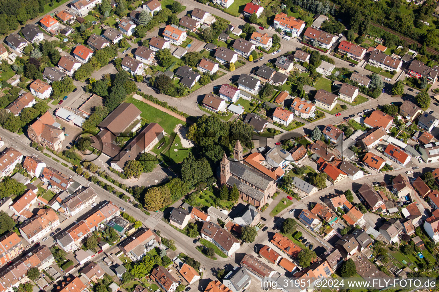 Aerial view of St. Cyriacus in the district Beiertheim-Bulach in Karlsruhe in the state Baden-Wuerttemberg, Germany