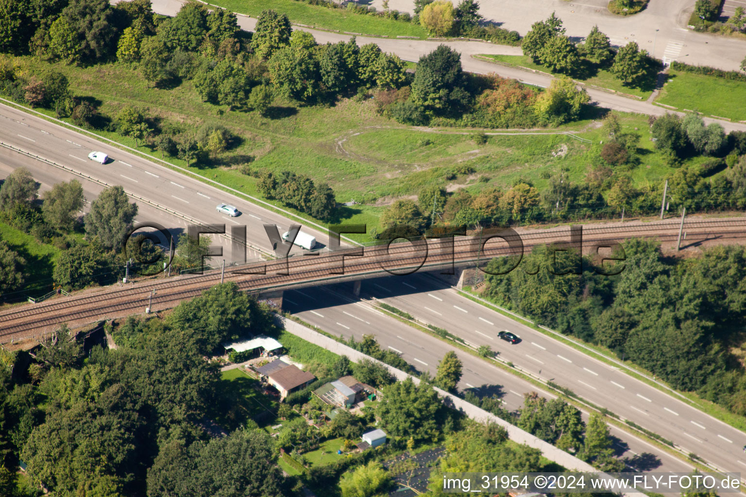 Aerial view of Routing the railway junction of rail and track systems Deutsche Bahn in Karlsruhe in the state Baden-Wurttemberg