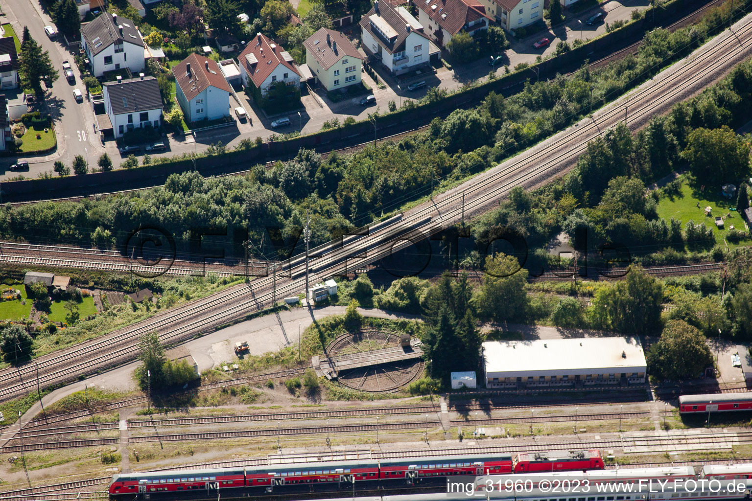 Aerial photograpy of Routing the railway junction of rail and track systems Deutsche Bahn in Karlsruhe in the state Baden-Wurttemberg