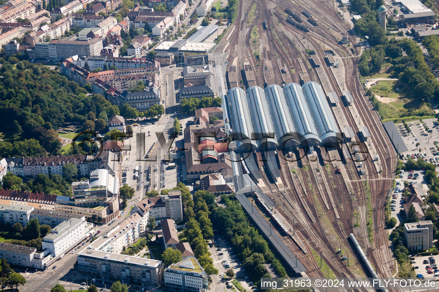 Track progress and building of the main station of the railway in Karlsruhe in the state Baden-Wurttemberg out of the air