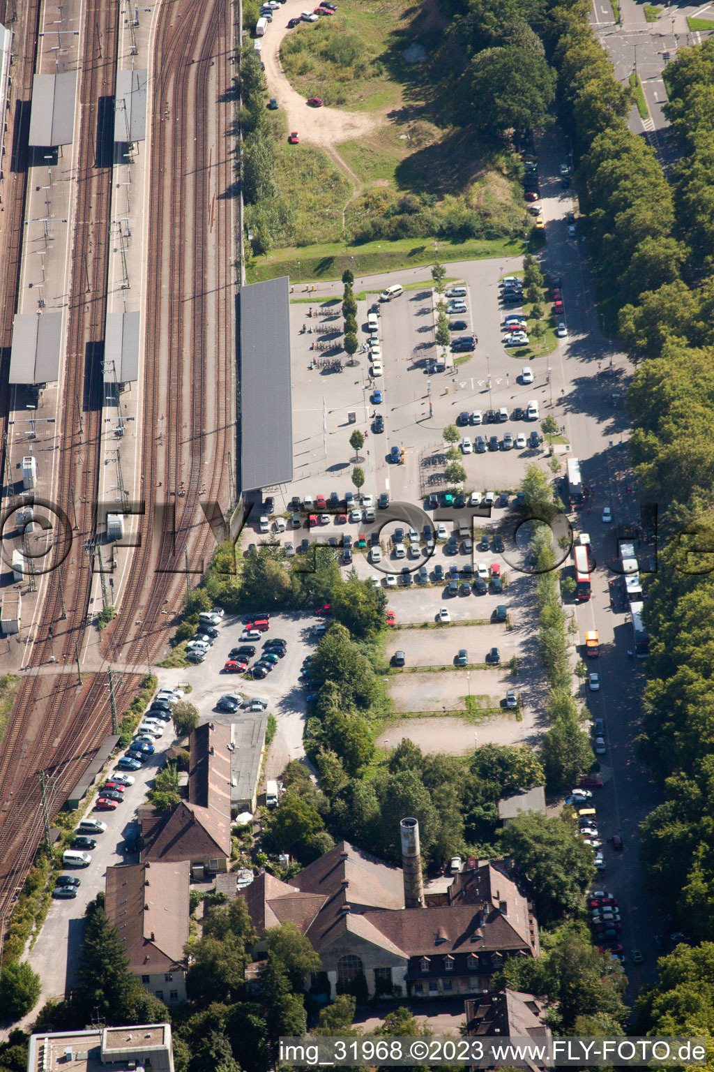 Track progress and building of the main station of the railway in Karlsruhe in the state Baden-Wurttemberg seen from above
