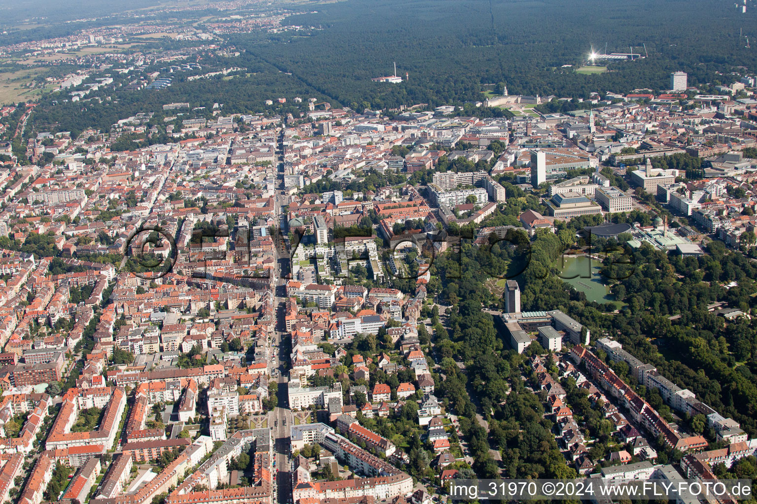 Aerial view of District Südweststadt in Karlsruhe in the state Baden-Wuerttemberg, Germany