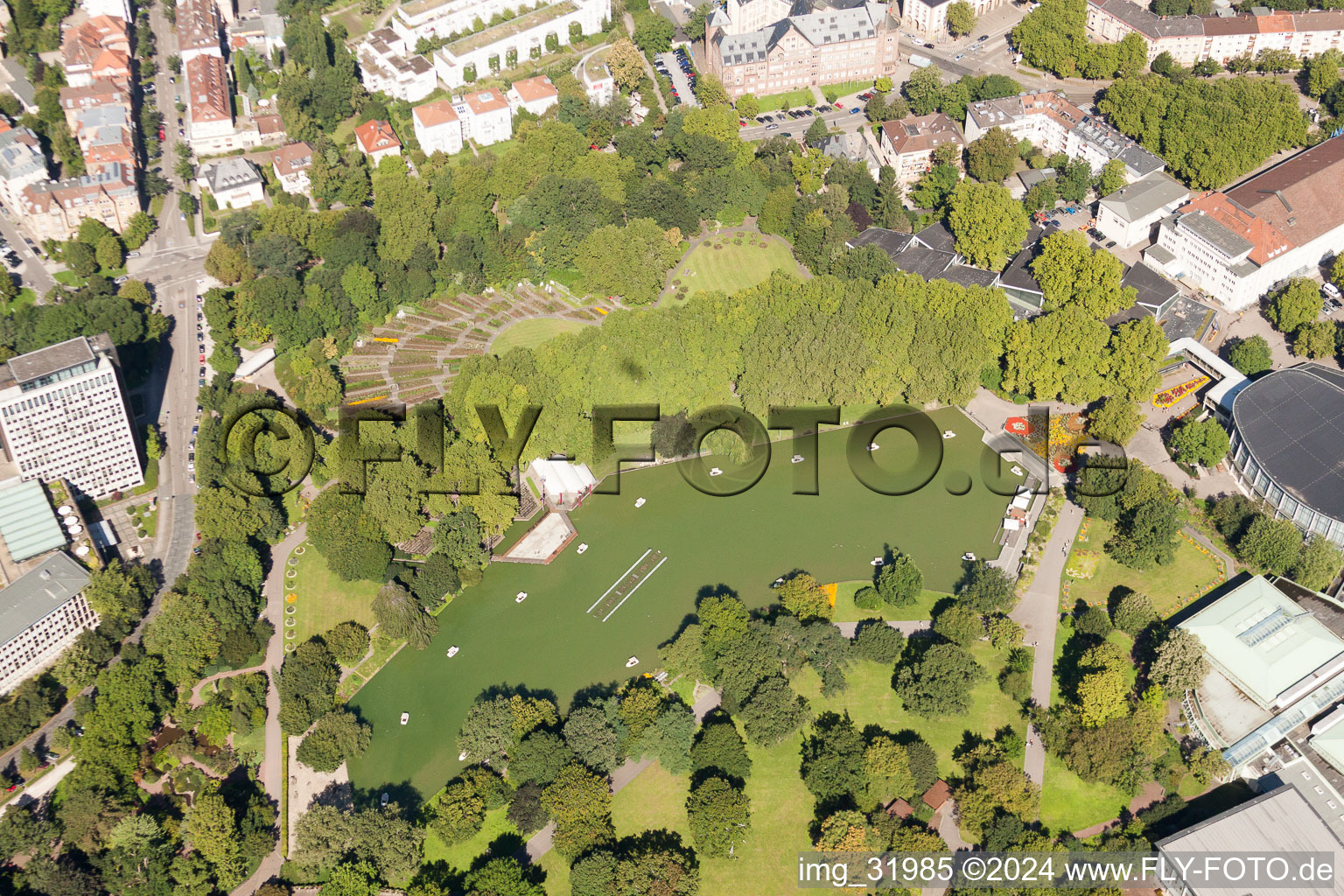 Aerial view of Zoo grounds Zoologischer Stadtgarten in the district Suedweststadt in Karlsruhe in the state Baden-Wurttemberg, Germany