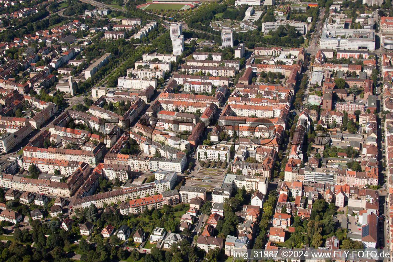 Oblique view of District Südweststadt in Karlsruhe in the state Baden-Wuerttemberg, Germany