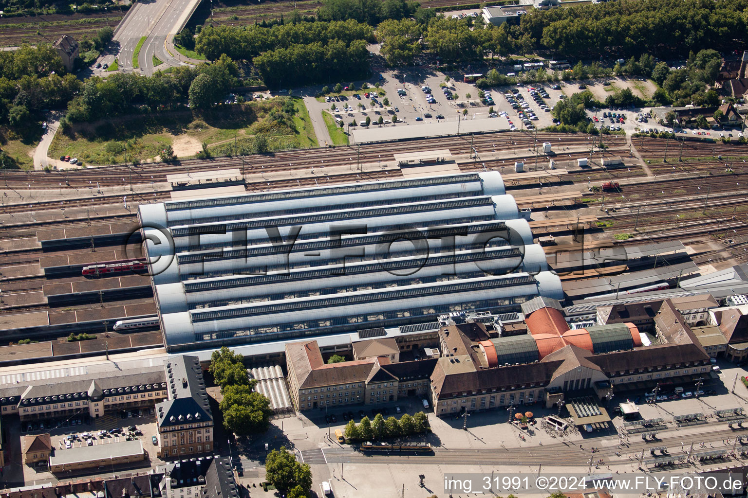 Track progress and building of the main station of the railway in Karlsruhe in the state Baden-Wurttemberg