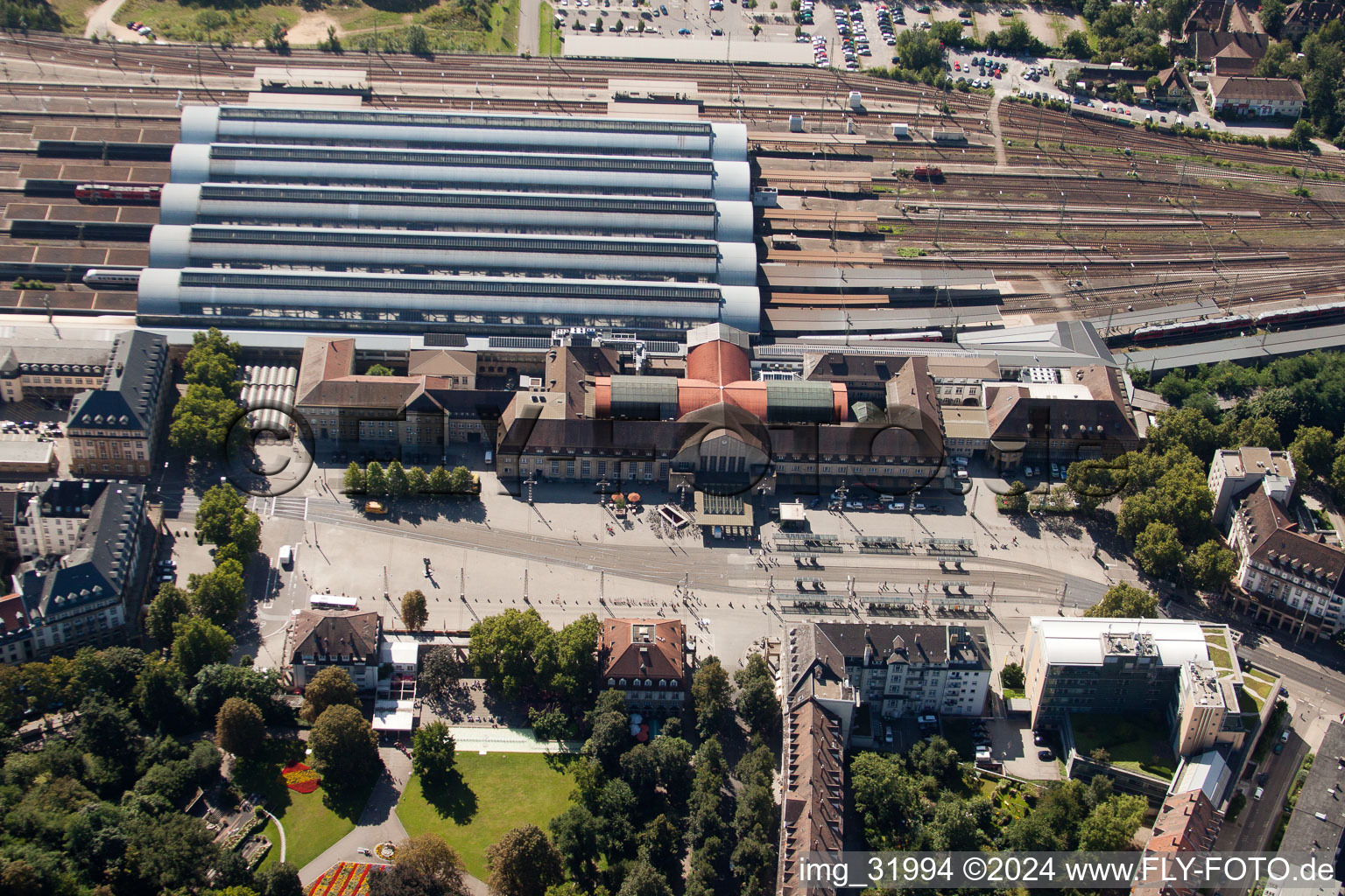 Bird's eye view of Track progress and building of the main station of the railway in Karlsruhe in the state Baden-Wurttemberg