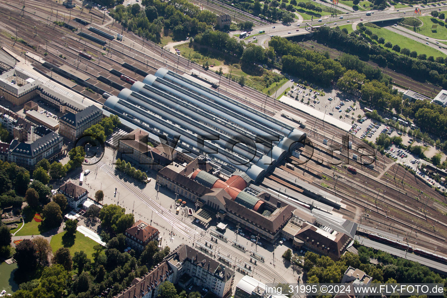 Track progress and building of the main station of the railway in Karlsruhe in the state Baden-Wurttemberg viewn from the air