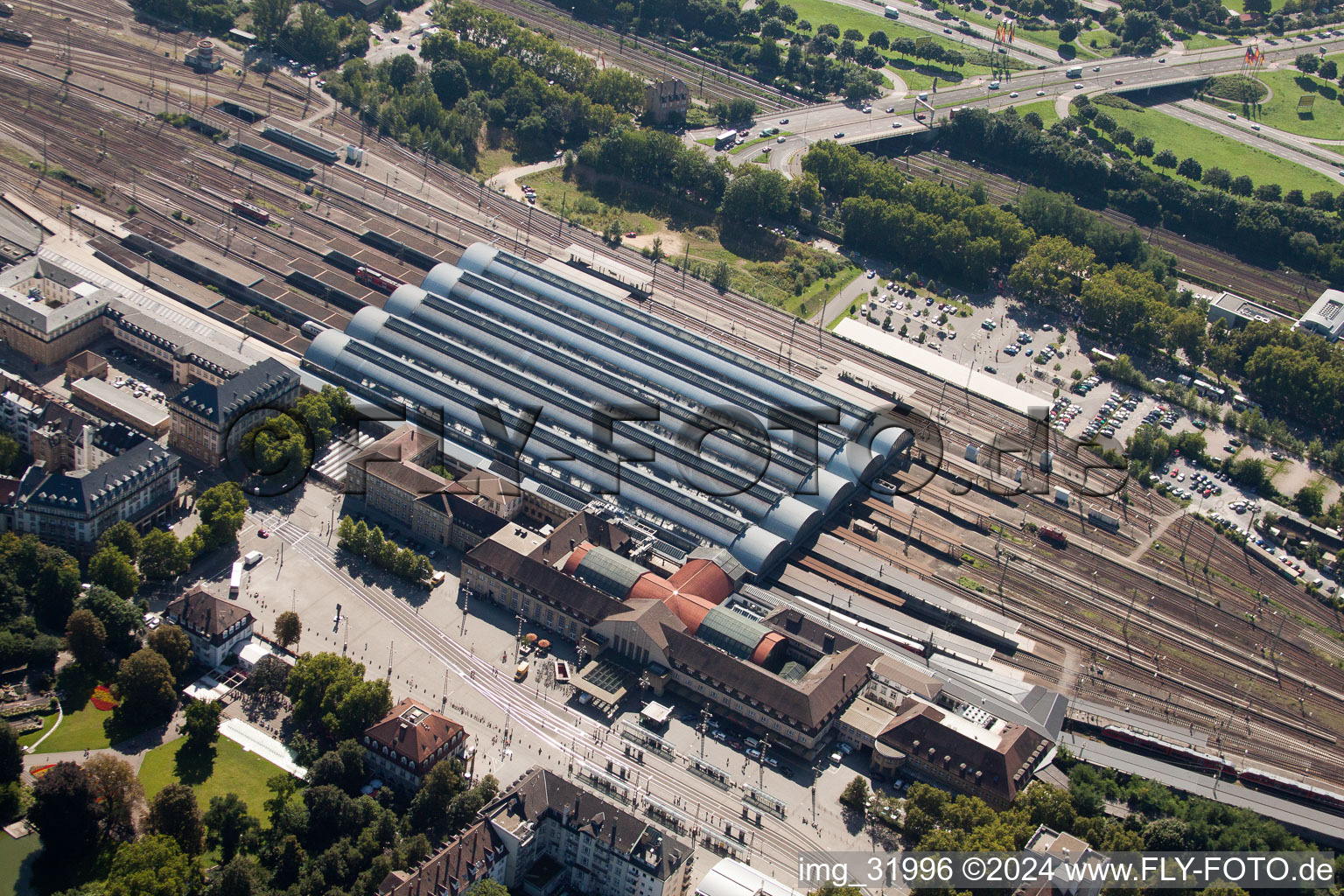 Drone recording of Track progress and building of the main station of the railway in Karlsruhe in the state Baden-Wurttemberg