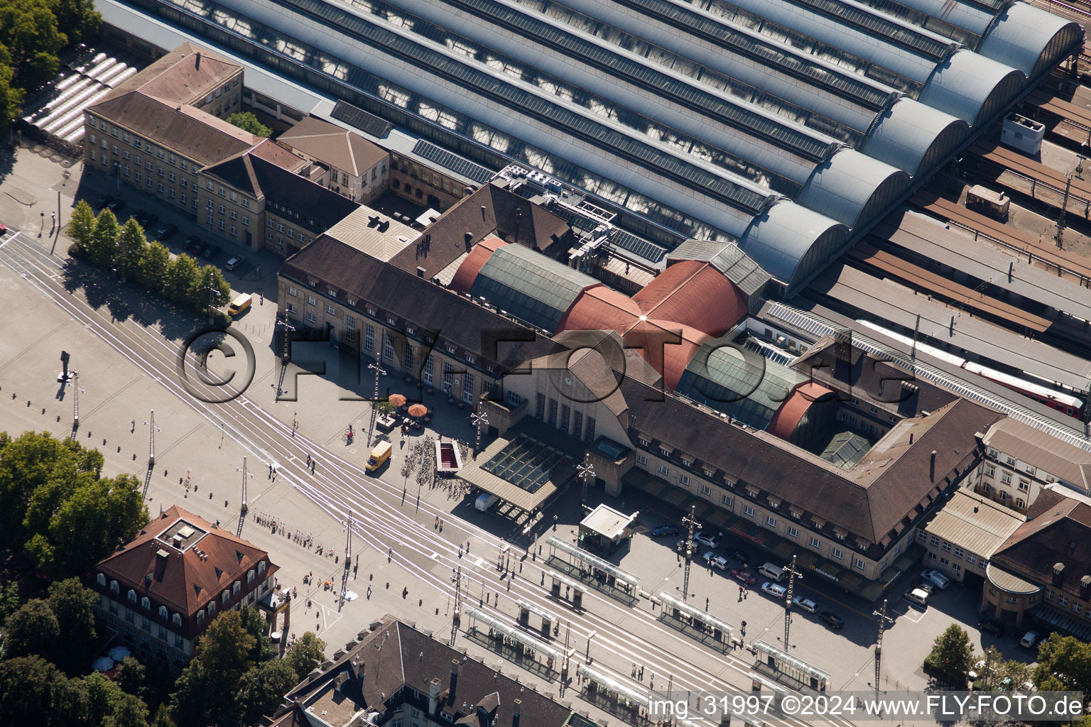 Aerial view of Track progress and building of the main station of the railway in Karlsruhe in the state Baden-Wurttemberg