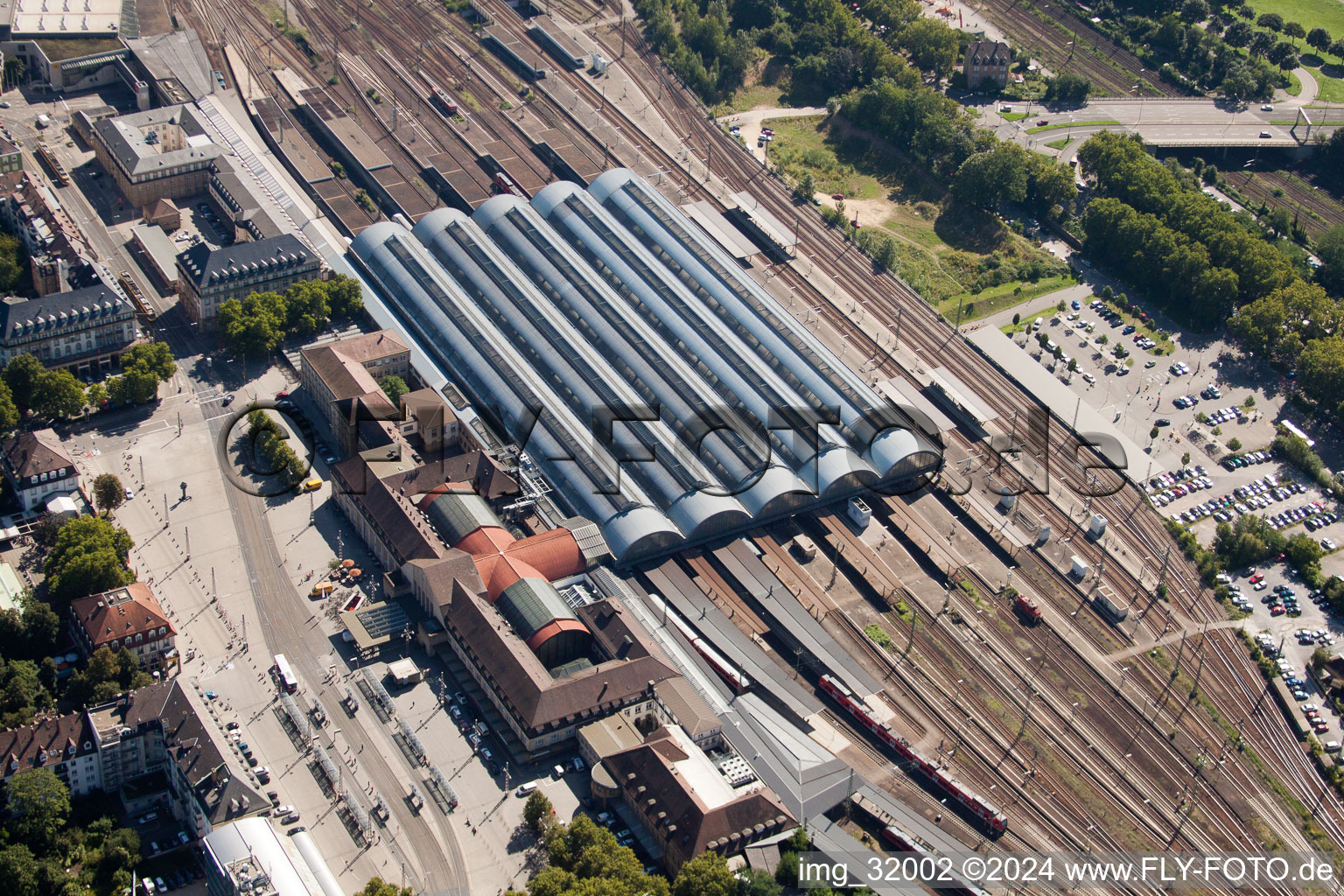 Drone image of Track progress and building of the main station of the railway in Karlsruhe in the state Baden-Wurttemberg