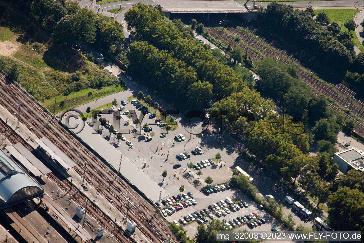 Track progress and building of the main station of the railway in Karlsruhe in the state Baden-Wurttemberg from the drone perspective