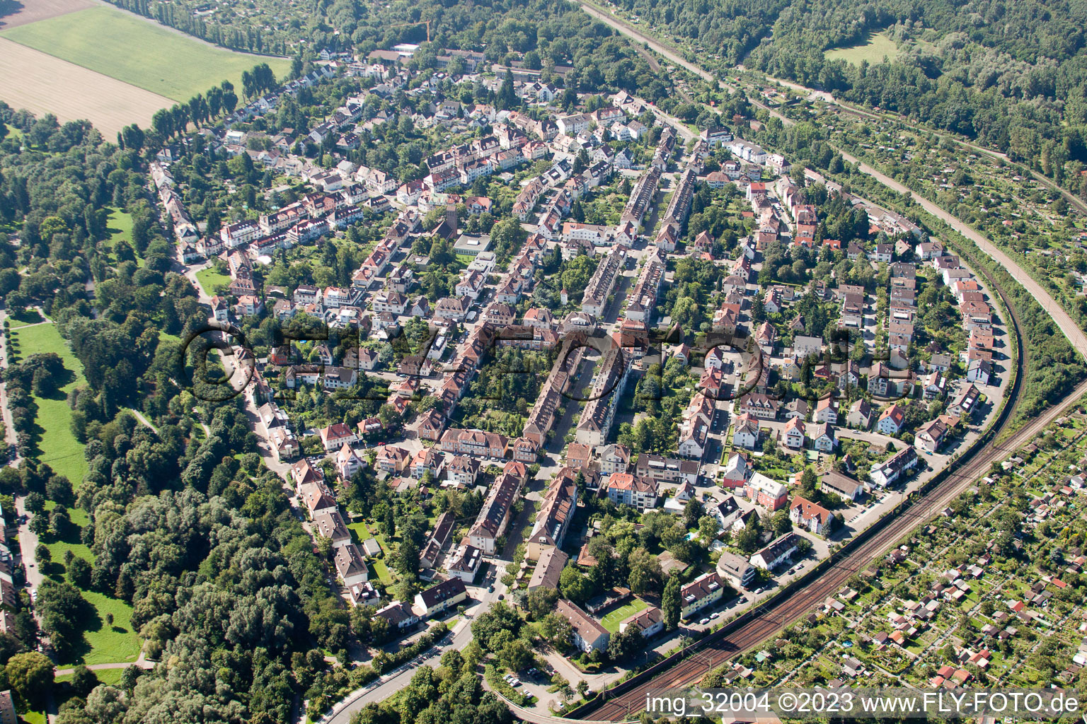 Oblique view of Dammerstock in the district Weiherfeld-Dammerstock in Karlsruhe in the state Baden-Wuerttemberg, Germany