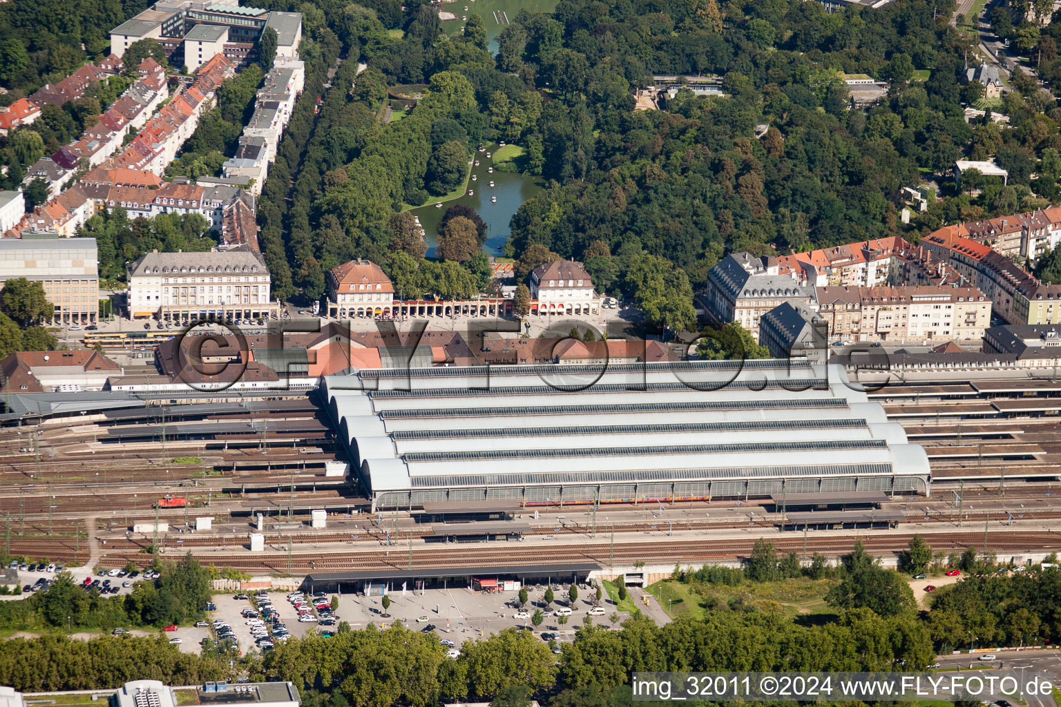 Track progress and building of the main station of the railway in Karlsruhe in the state Baden-Wurttemberg from a drone