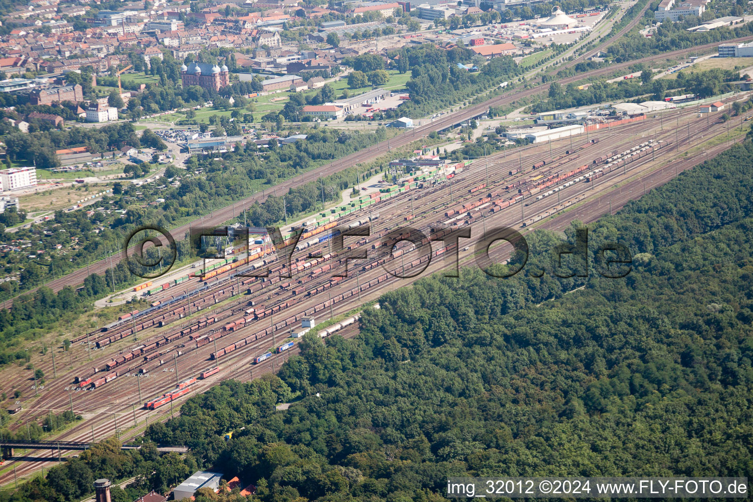 Aerial view of Railroad tracks above of theEdeltrud tunnel in the district Beiertheim - Bulach in Karlsruhe in the state Baden-Wurttemberg