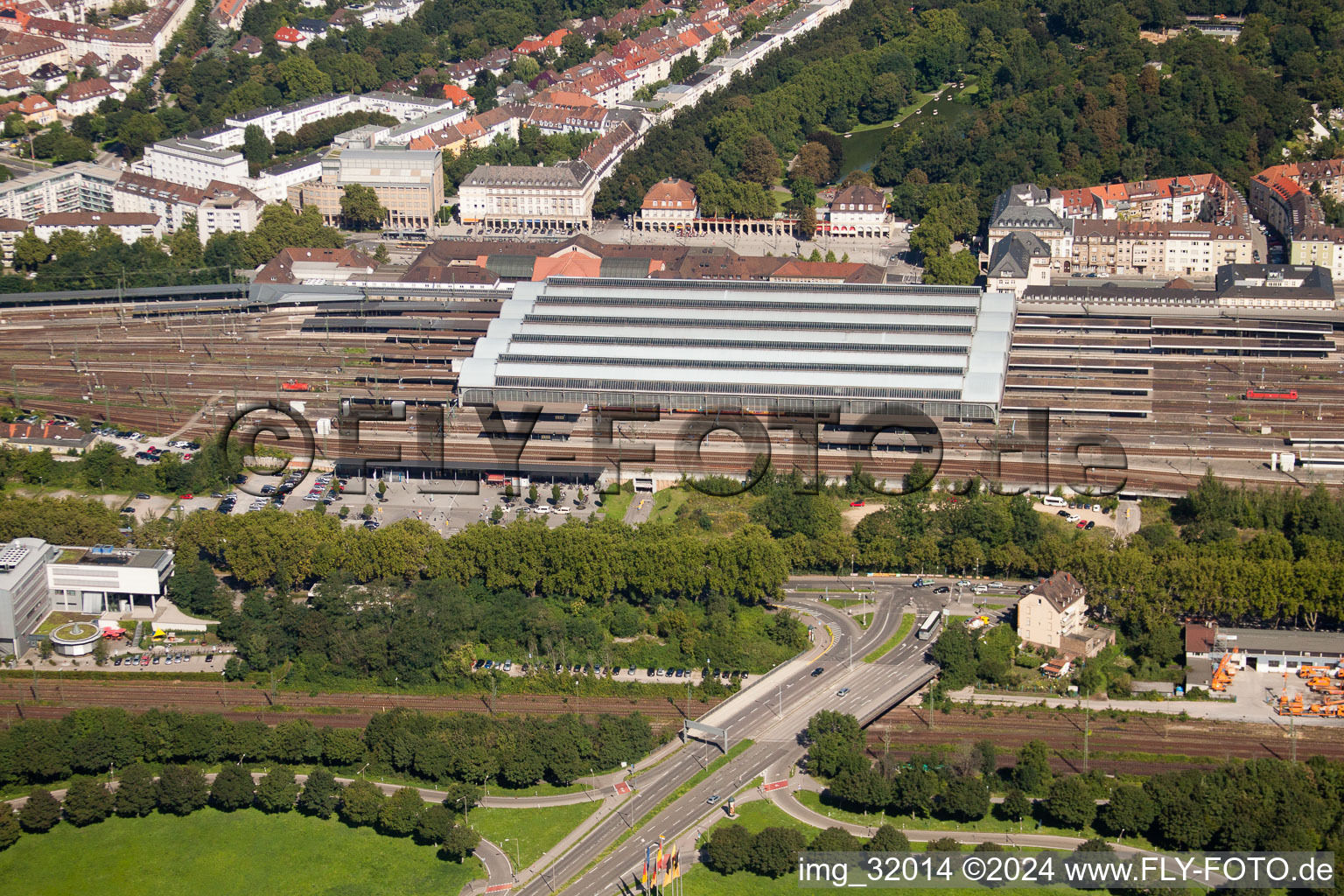 Track progress and building of the main station of the railway in Karlsruhe in the state Baden-Wurttemberg seen from a drone