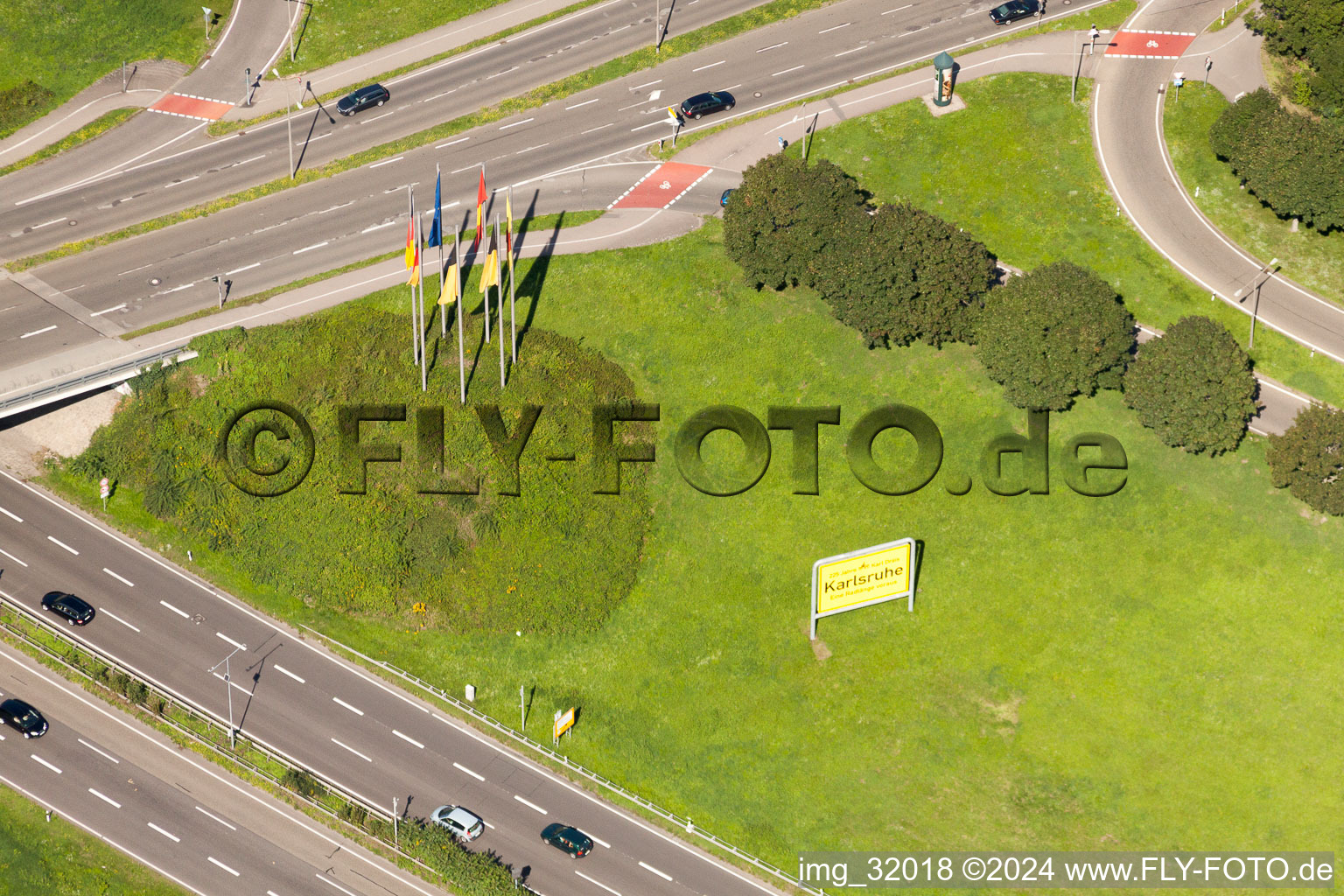 Aerial view of Road over the crossroads B10 mit Ettlinger Allee in Karlsruhe in the state Baden-Wurttemberg