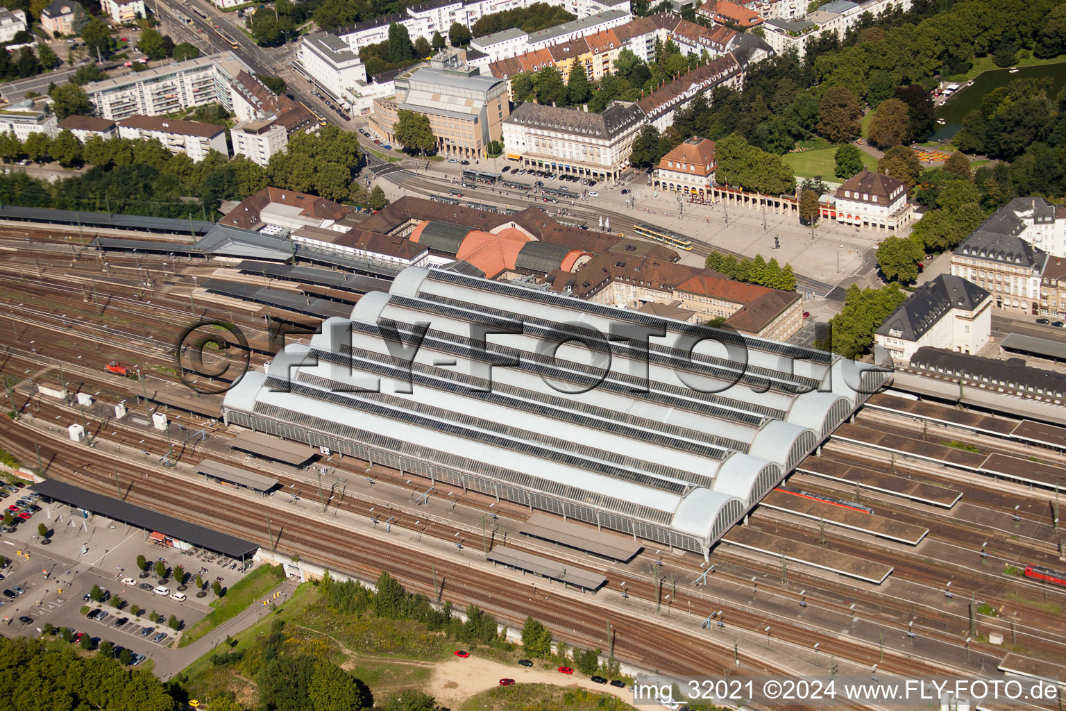 Aerial view of Track progress and building of the main station of the railway in Karlsruhe in the state Baden-Wurttemberg