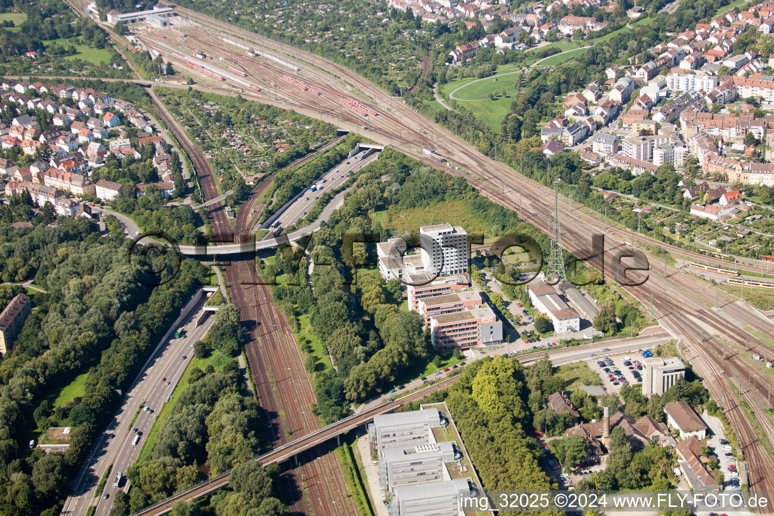 Aerial view of Entry and exit area of Edeltrud Tunnel in the district Beiertheim - Bulach in Karlsruhe in the state Baden-Wurttemberg