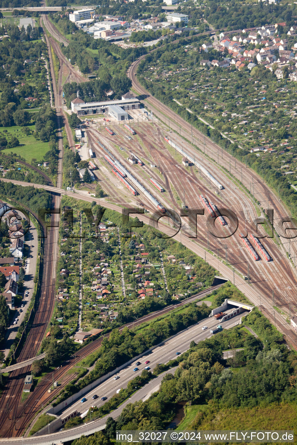 Aerial photograpy of Railroad tracks above of theEdeltrud tunnel in the district Beiertheim - Bulach in Karlsruhe in the state Baden-Wurttemberg