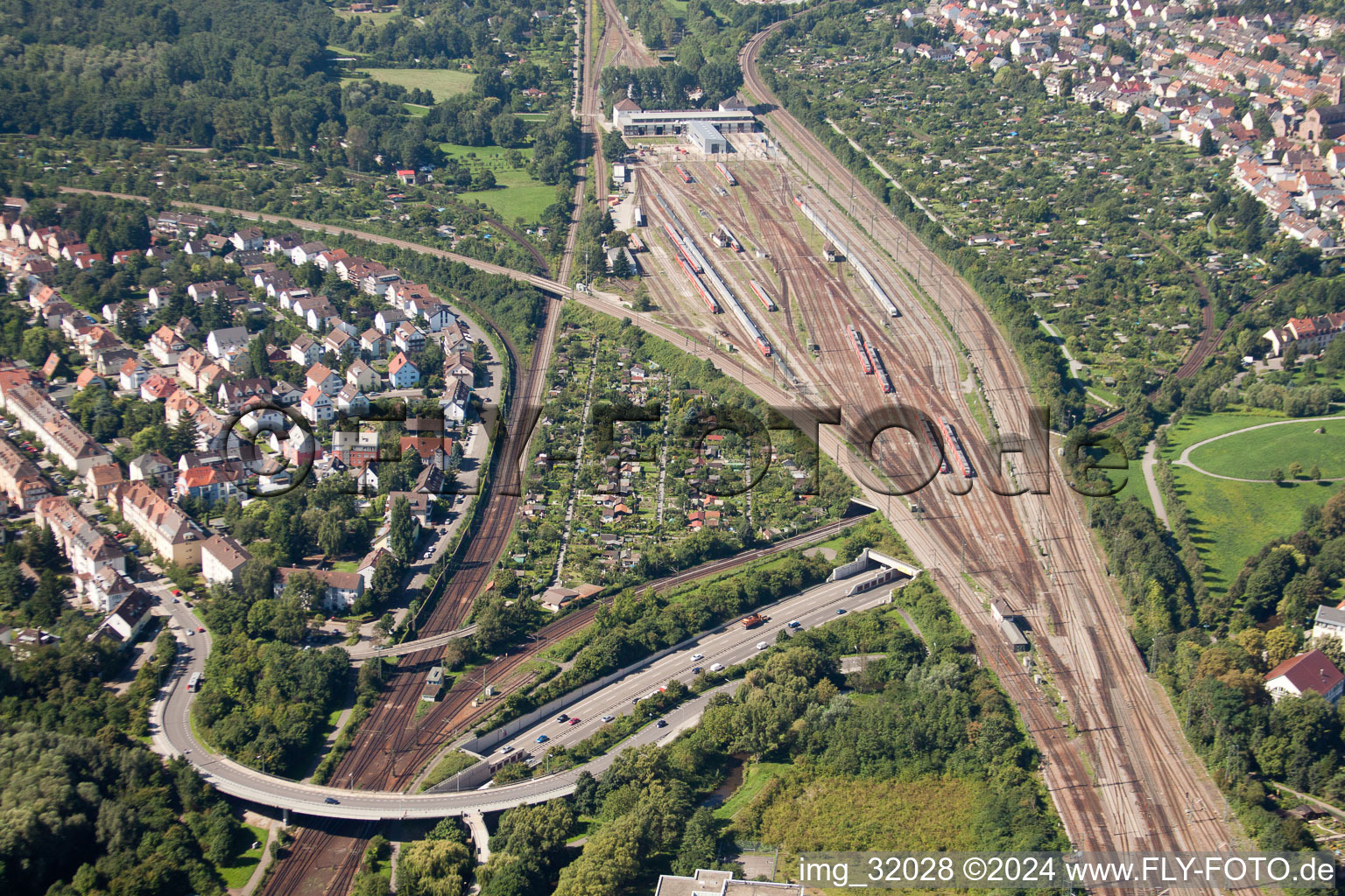 Oblique view of Railroad tracks above of theEdeltrud tunnel in the district Beiertheim - Bulach in Karlsruhe in the state Baden-Wurttemberg