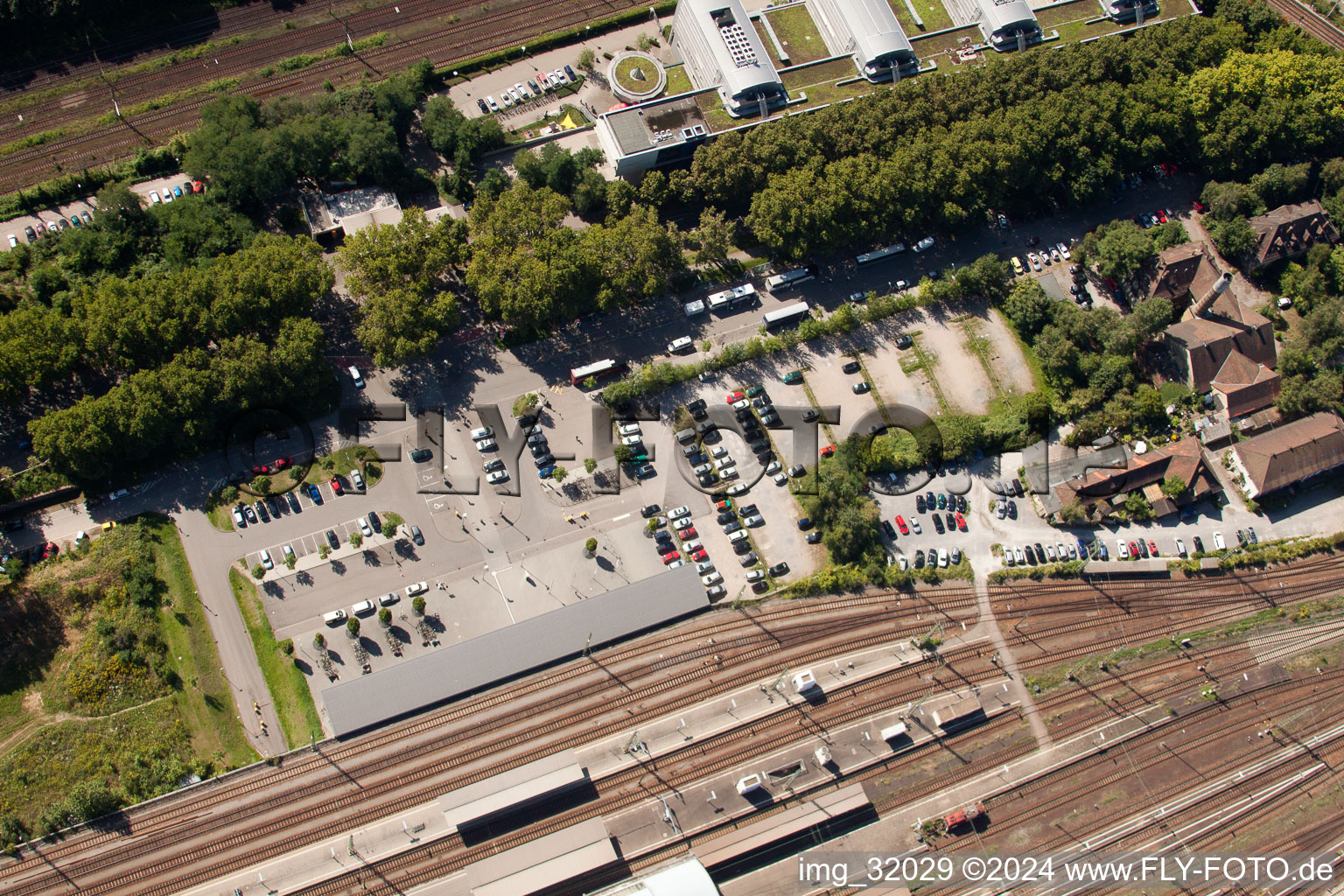 Oblique view of Track progress and building of the main station of the railway in Karlsruhe in the state Baden-Wurttemberg