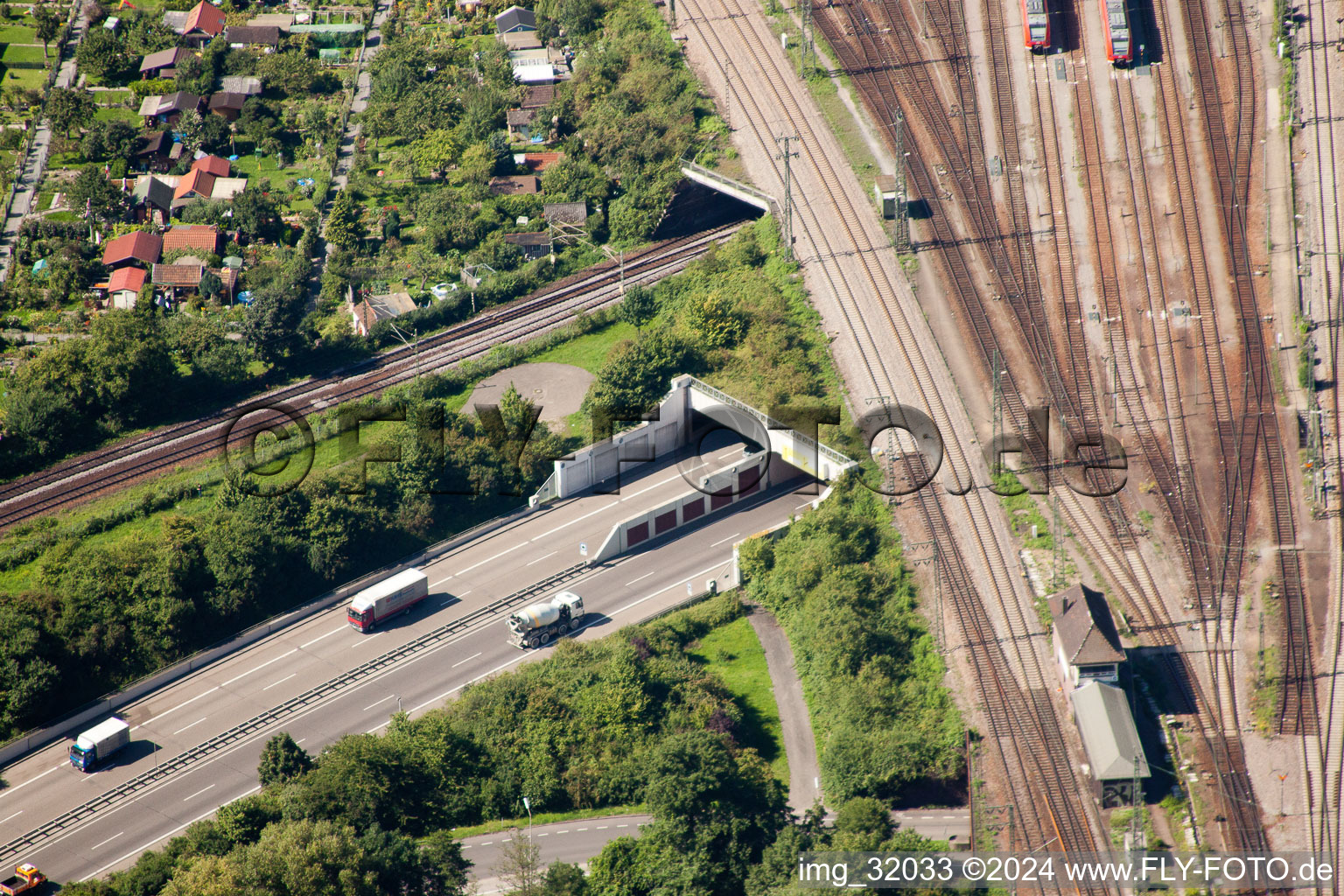 Aerial photograpy of Entry and exit area of Edeltrud Tunnel in the district Beiertheim - Bulach in Karlsruhe in the state Baden-Wurttemberg
