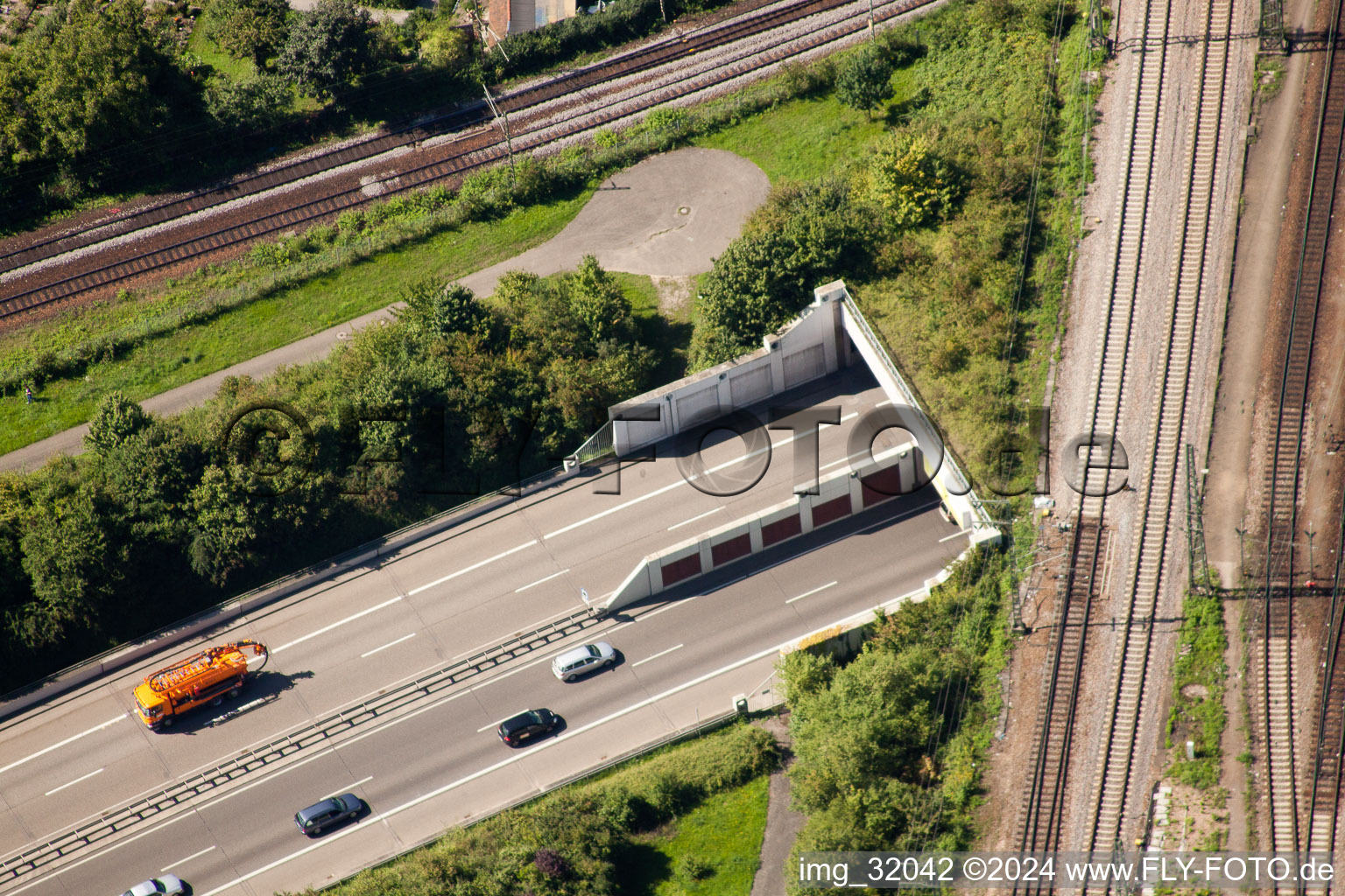 Entry and exit area of Edeltrud Tunnel in the district Beiertheim - Bulach in Karlsruhe in the state Baden-Wurttemberg from above