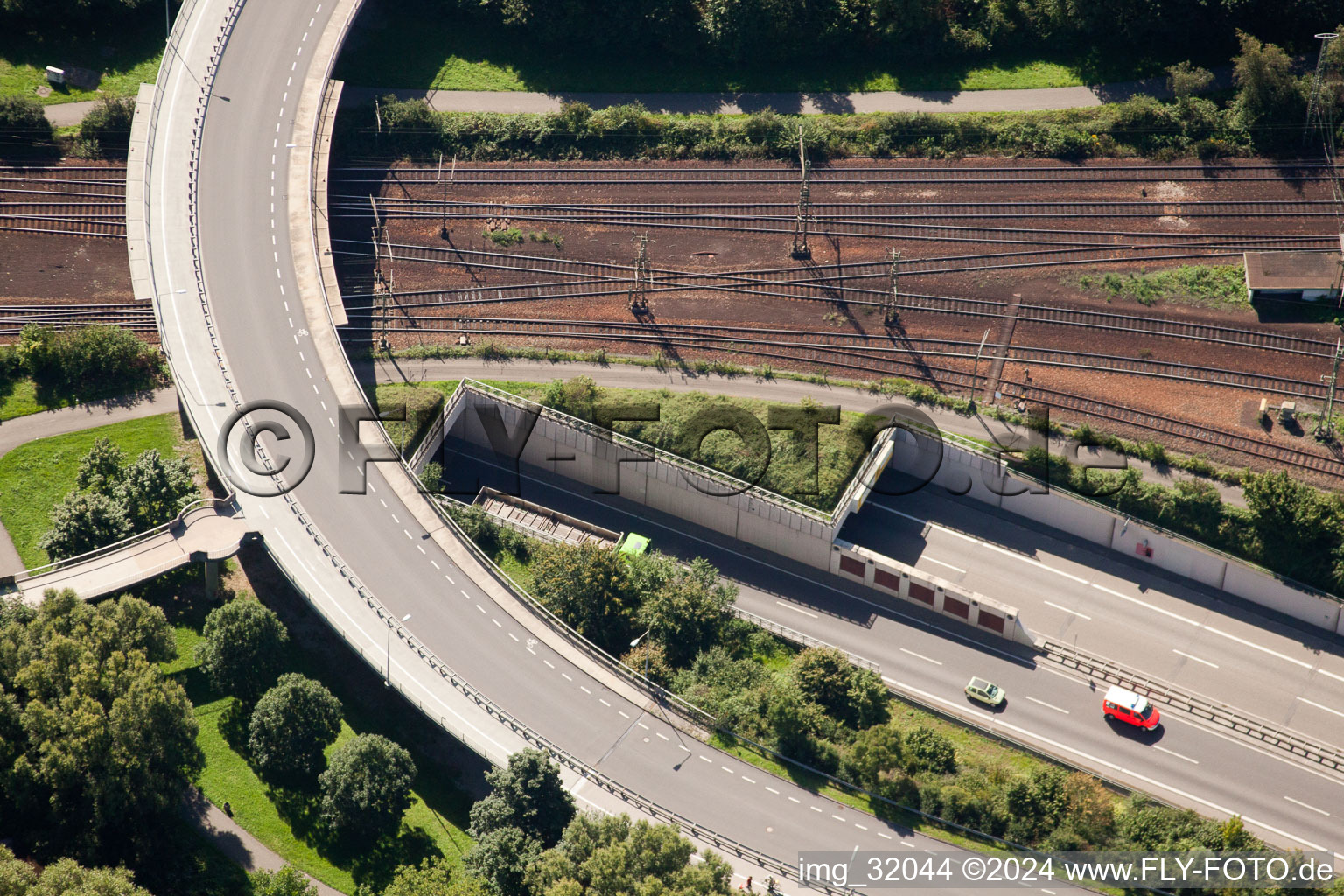 Oblique view of Routing the railway junction of rail and track systems Deutsche Bahn in Karlsruhe in the state Baden-Wurttemberg