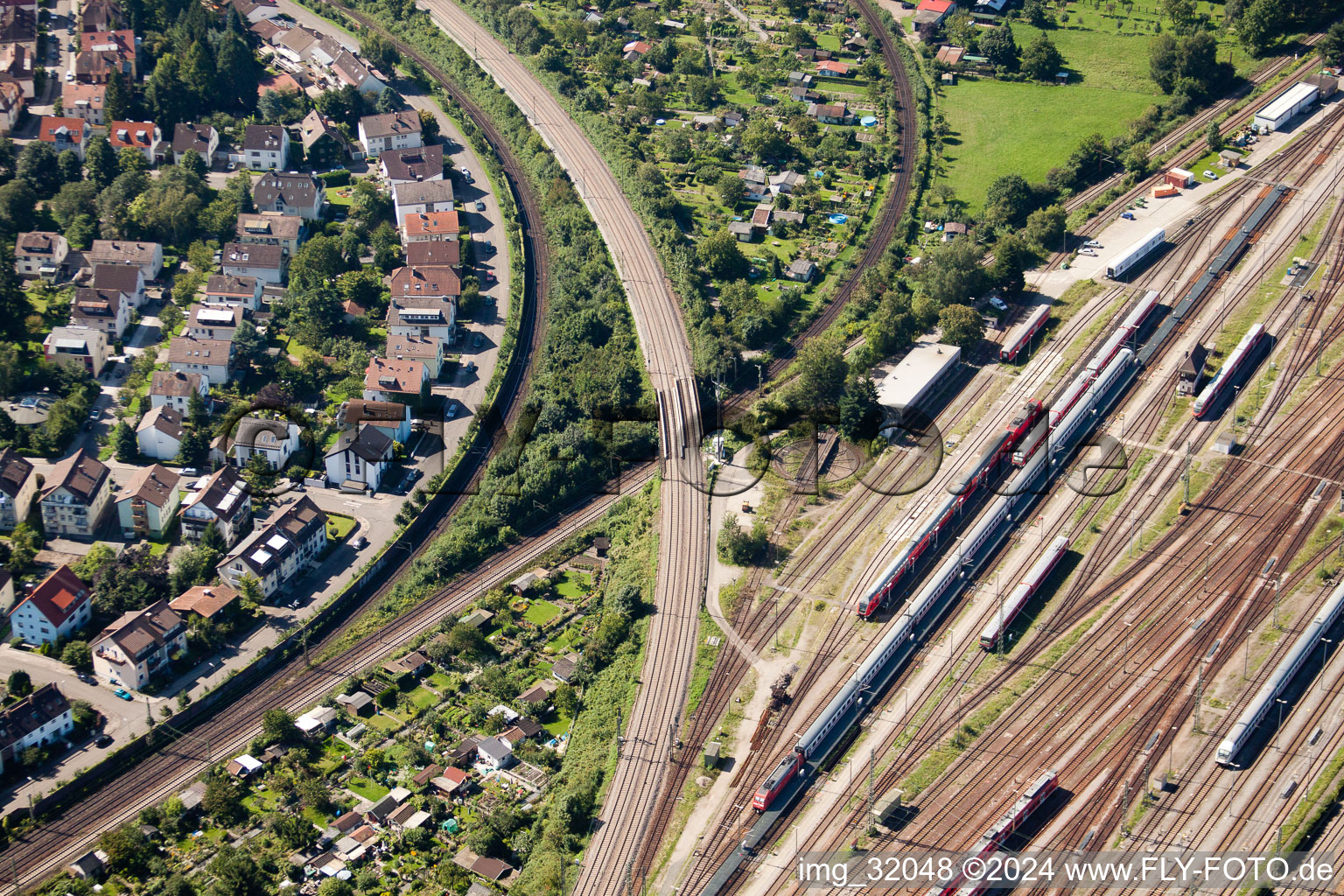 Routing the railway junction of rail and track systems Deutsche Bahn in Karlsruhe in the state Baden-Wurttemberg from above