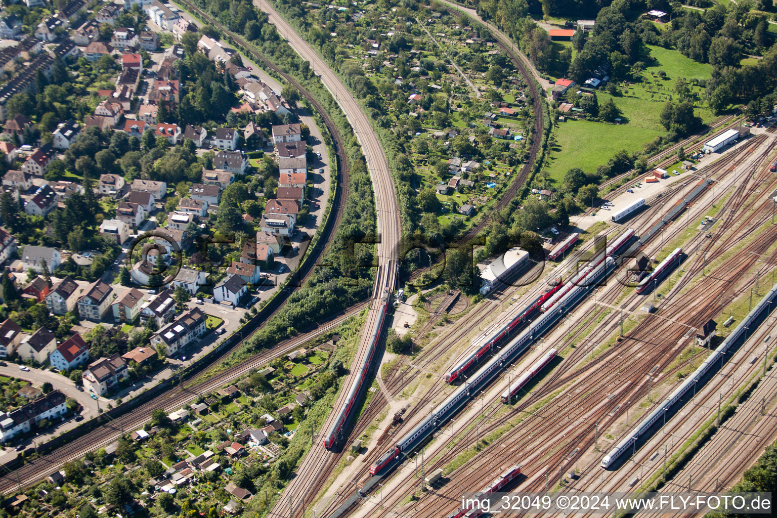 Routing the railway junction of rail and track systems Deutsche Bahn in Karlsruhe in the state Baden-Wurttemberg out of the air