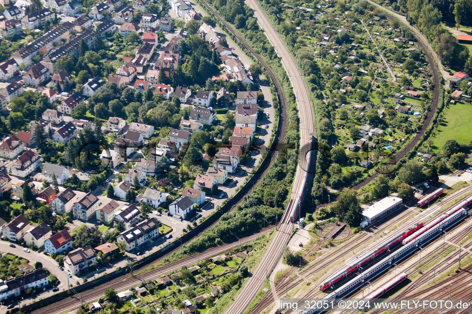 Routing the railway junction of rail and track systems Deutsche Bahn in Karlsruhe in the state Baden-Wurttemberg seen from above