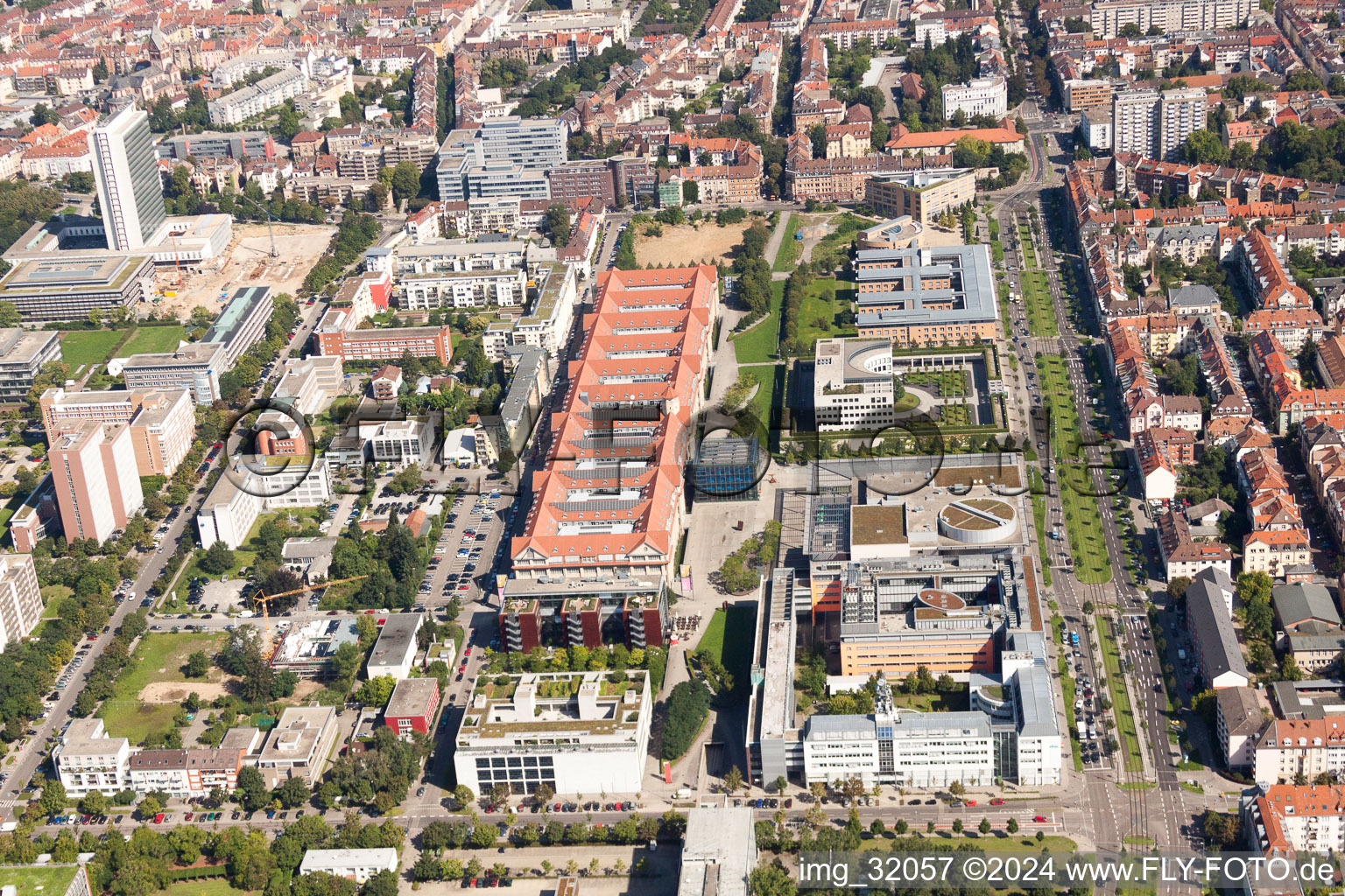 Aerial view of Museum building ensemble ZKM | Zentrum fuer Kunst and Medien in the district Suedweststadt in Karlsruhe in the state Baden-Wurttemberg, Germany