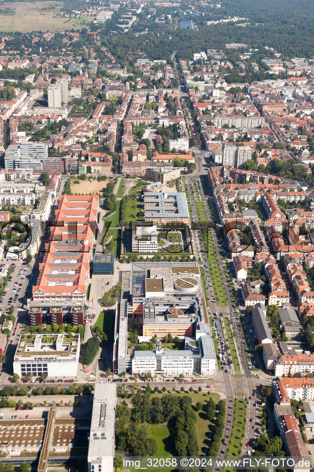 Aerial photograpy of Museum building ensemble ZKM | Zentrum fuer Kunst and Medien in the district Suedweststadt in Karlsruhe in the state Baden-Wurttemberg, Germany