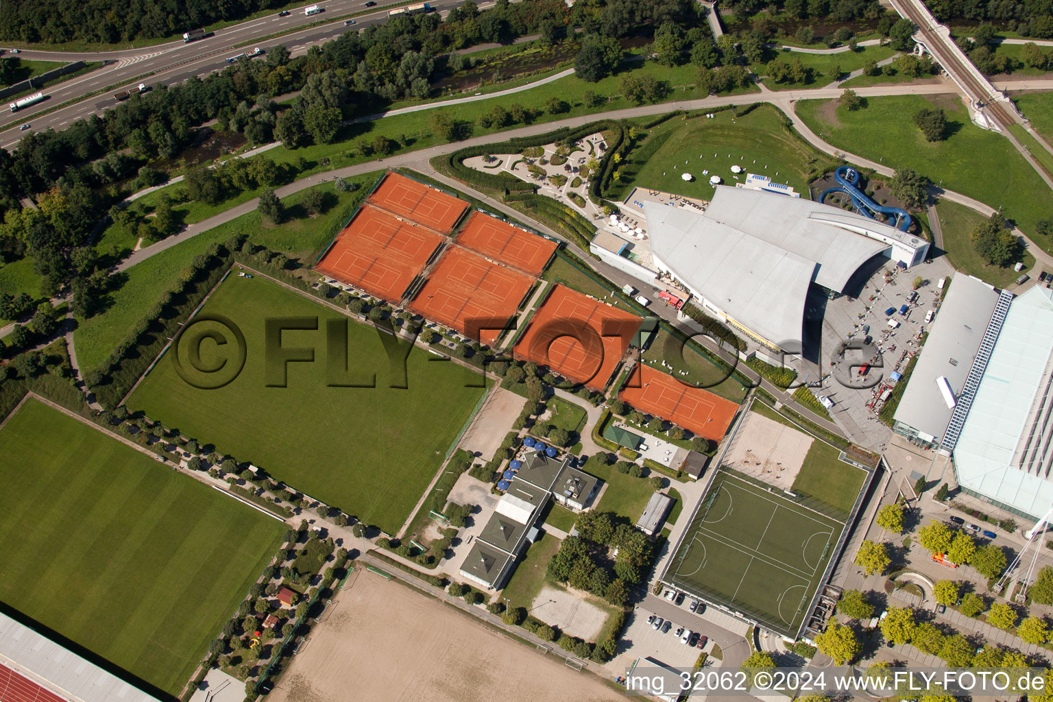 Aerial view of Europahalle Europabad in the district Südweststadt in Karlsruhe in the state Baden-Wuerttemberg, Germany