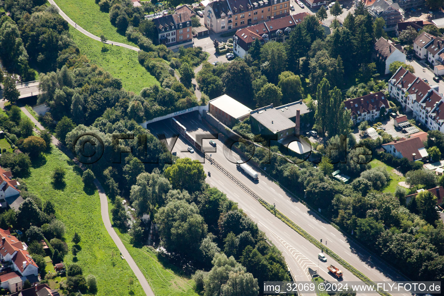 Entry and exit area of Edeltrud Tunnel in the district Beiertheim - Bulach in Karlsruhe in the state Baden-Wurttemberg seen from above