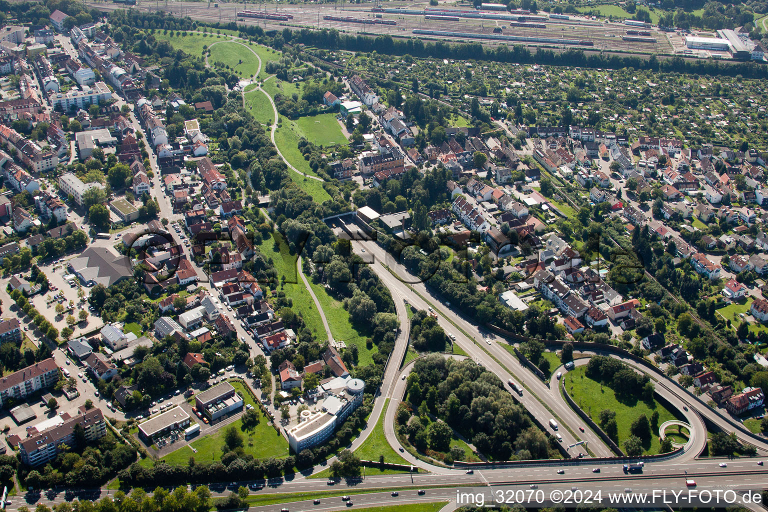 Entry and exit area of Edeltrud Tunnel in the district Beiertheim - Bulach in Karlsruhe in the state Baden-Wurttemberg from the plane