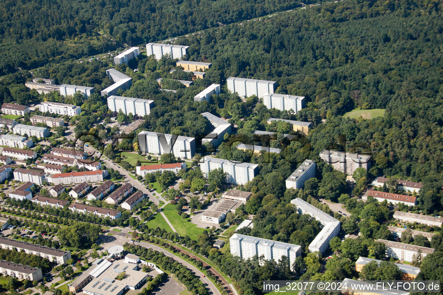 Drone image of District Oberreut in Karlsruhe in the state Baden-Wuerttemberg, Germany