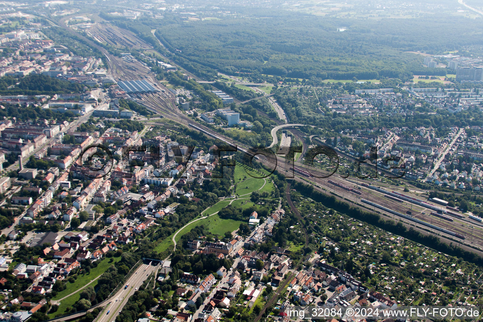 Track progress and building of the main station of the railway in Karlsruhe in the state Baden-Wurttemberg from above