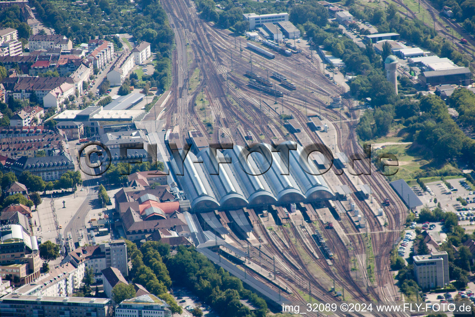 Track progress and building of the main station of the railway in Karlsruhe in the state Baden-Wurttemberg out of the air