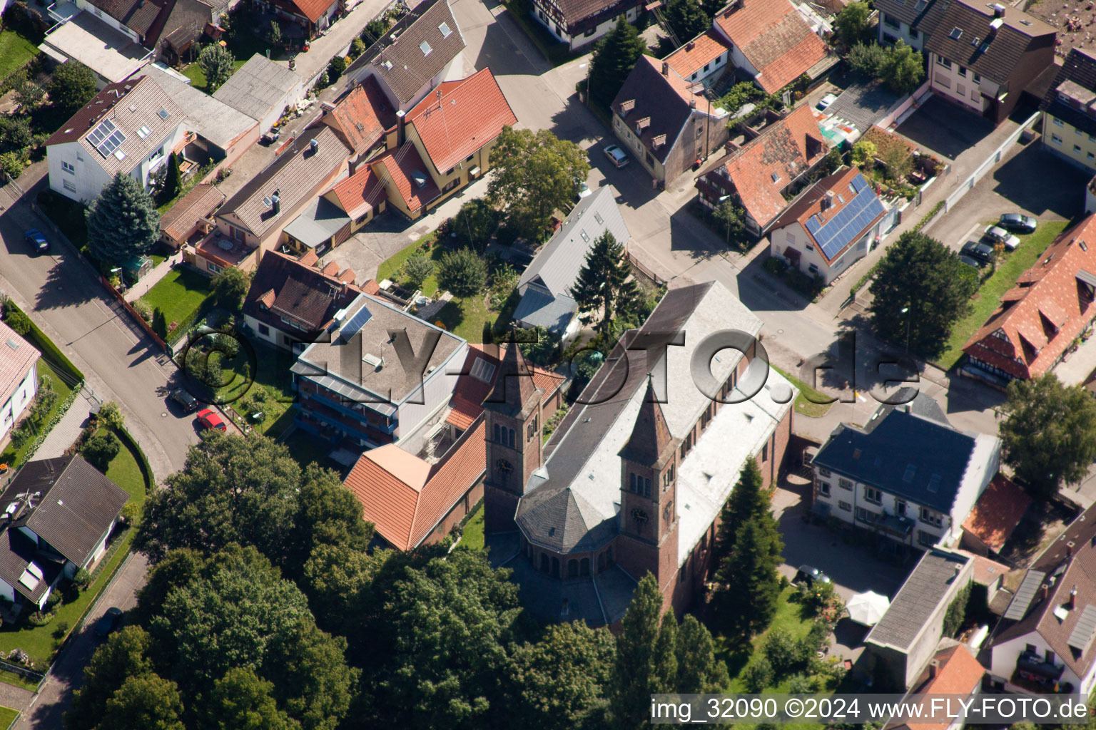 Aerial photograpy of St. Cyriacus in the district Beiertheim-Bulach in Karlsruhe in the state Baden-Wuerttemberg, Germany