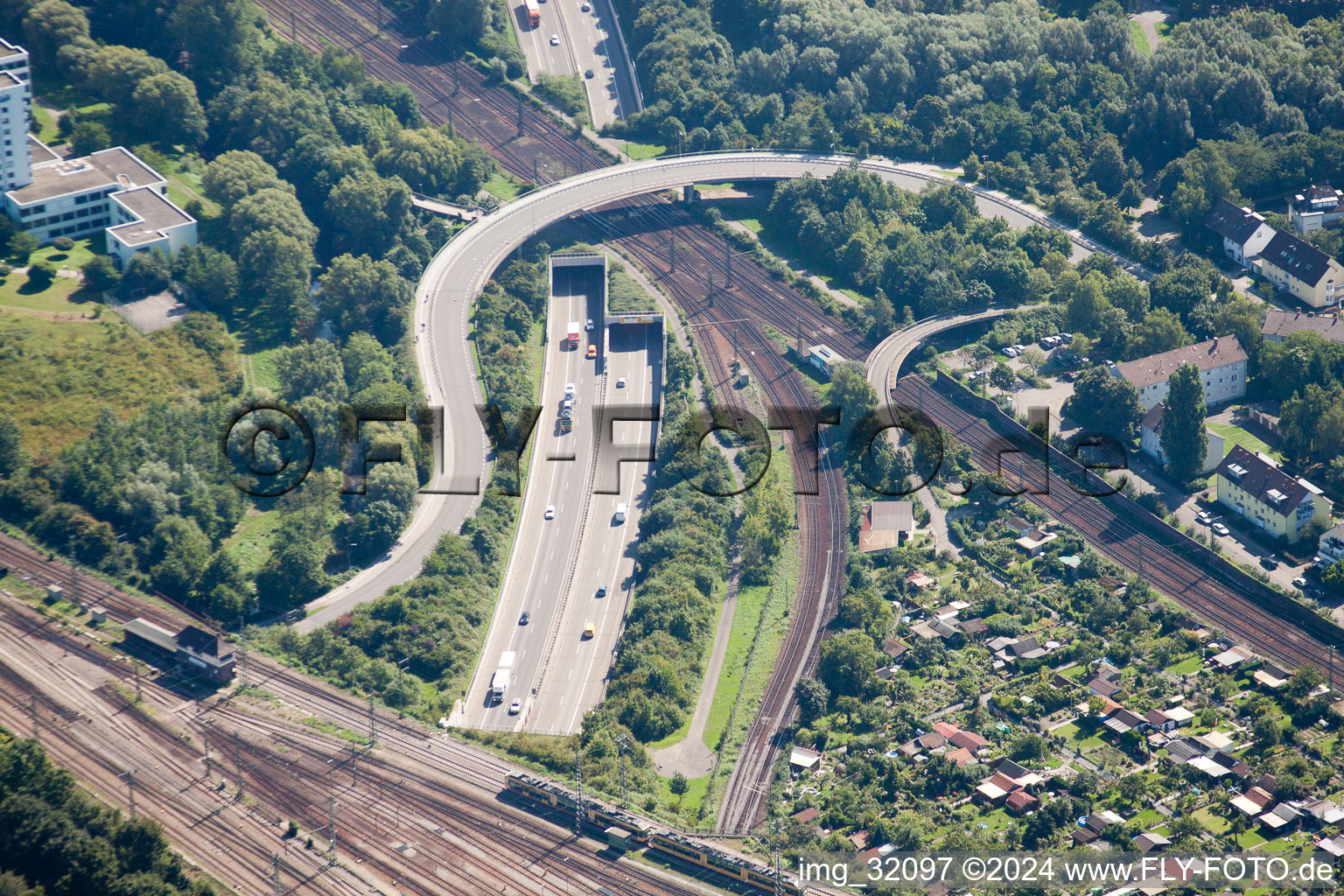 Drone recording of Entry and exit area of Edeltrud Tunnel in the district Beiertheim - Bulach in Karlsruhe in the state Baden-Wurttemberg